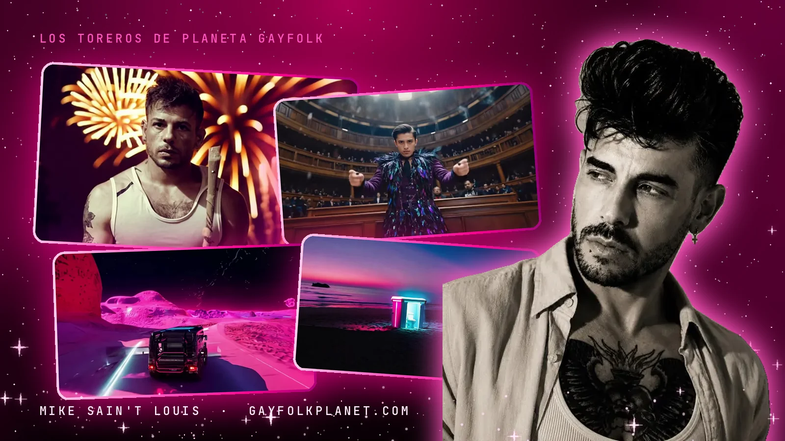 Collage con cuatro fotogramas (un chico con camiseta de tirantes ante fuegos artificiales y un todoterreno en una carretera de un planeta rosa en «Garrafón de China», un chico con chaqueta morada de plumas ante una sala circular llena de público en «No te vuelvo a mirar más» y una caseta de baño iluminada en una playa de noche) y una foto real de Mike en blanco y negro