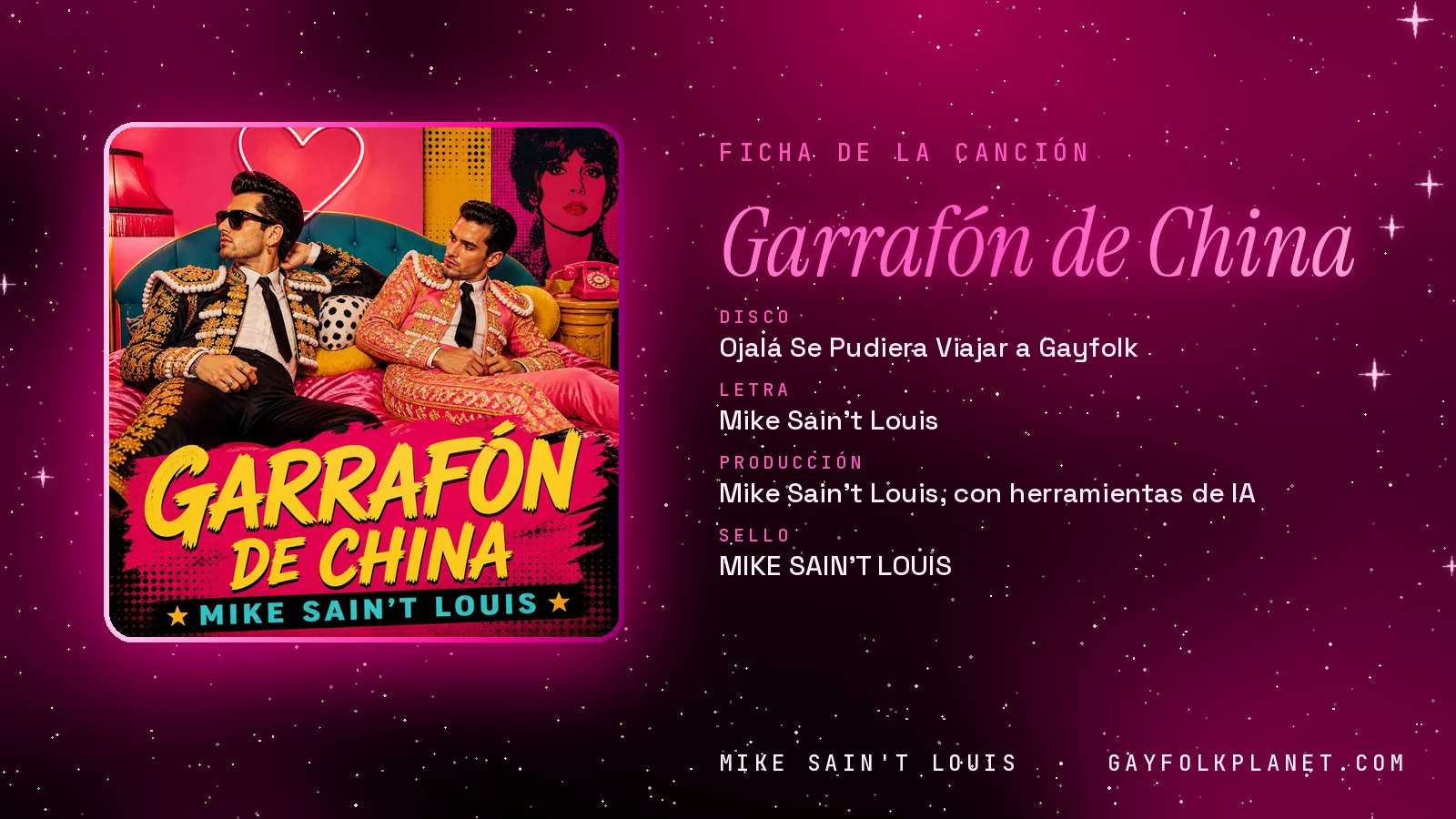 Ficha de «Garrafón de China» con su carátula: disco «Ojalá se pudiera viajar a Gayfolk», letra y producción de Mike Sain't Louis