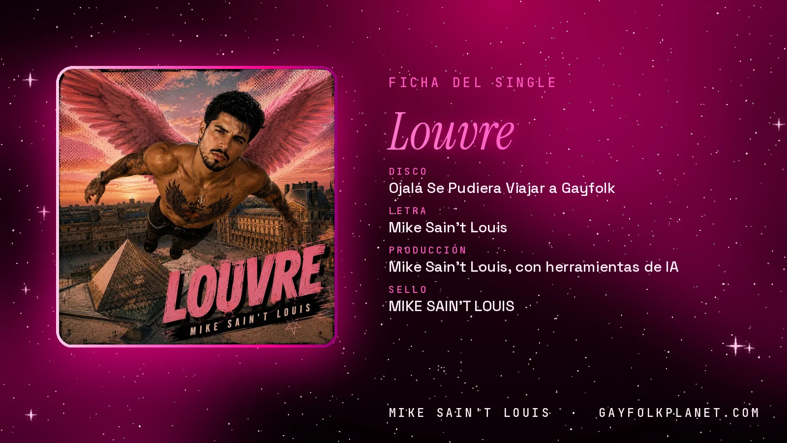 Ficha de la canción «Louvre» con su carátula: disco «Ojalá Se Pudiera Viajar a Gayfolk», letra y producción de Mike Sain't Louis