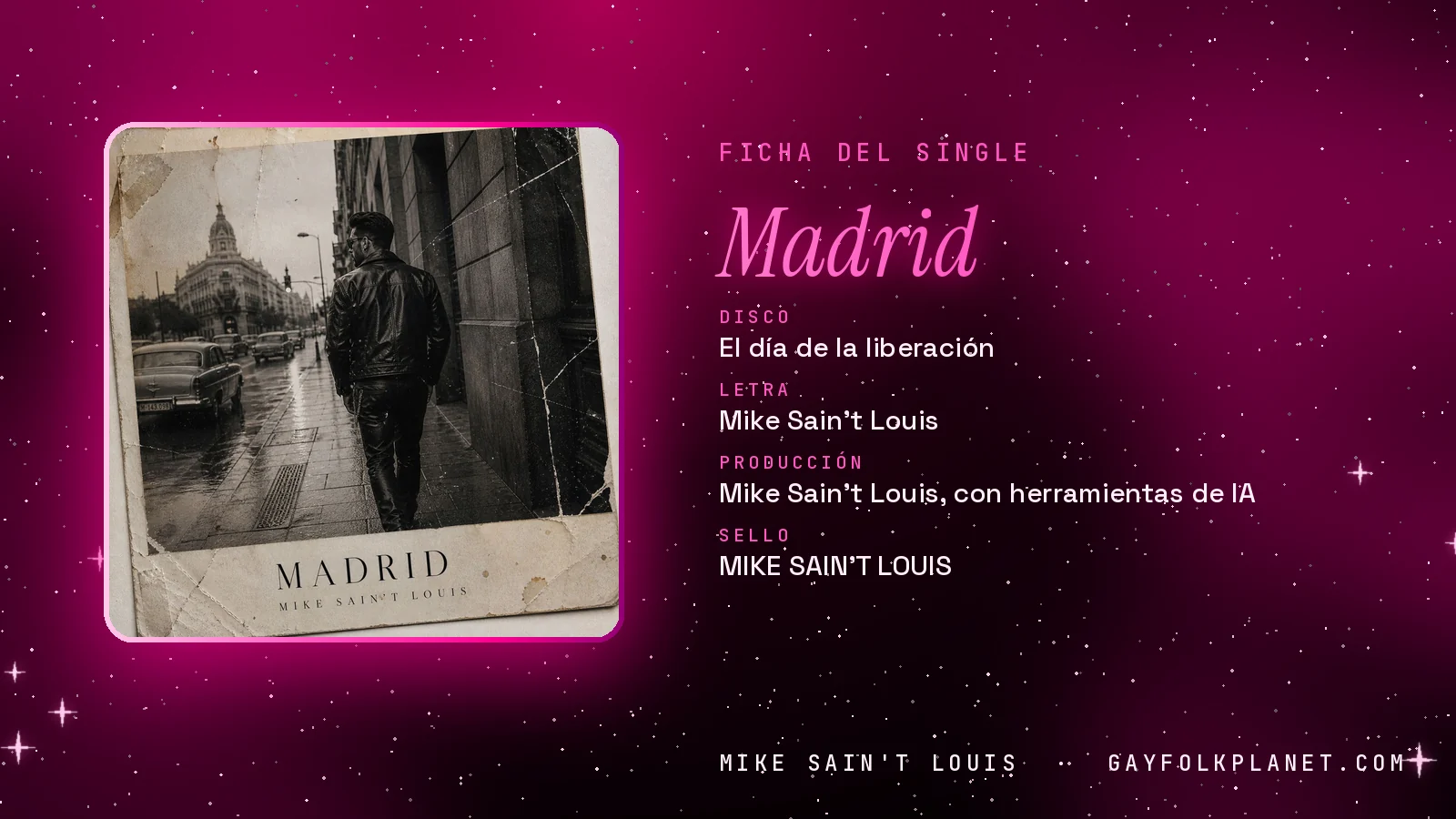 Ficha de la canción «Madrid» con su carátula: disco «El día de la liberación», letra y producción de Mike Sain't Louis