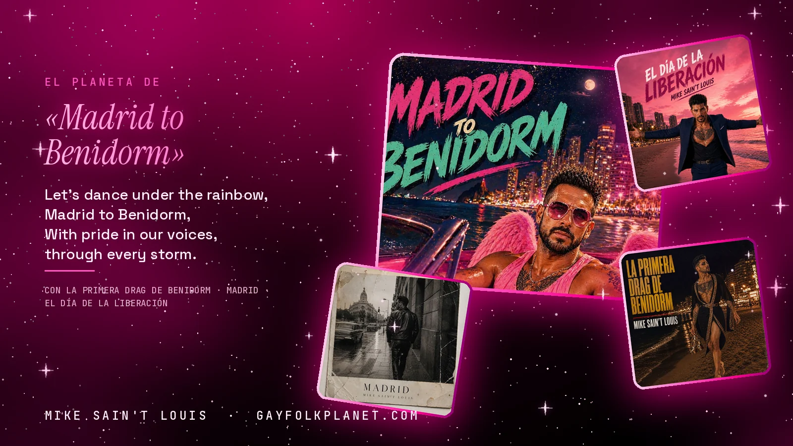Collage con un detalle de la carátula de «Madrid to Benidorm» y las carátulas de «La primera drag de Benidorm», «Madrid», «El día de la liberación»