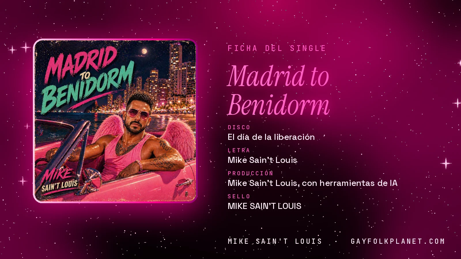 Ficha de la canción «Madrid to Benidorm» con su carátula: disco «El día de la liberación», letra y producción de Mike Sain't Louis