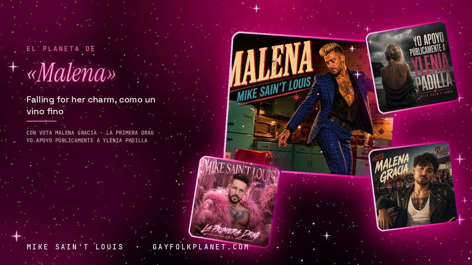 Collage con un detalle de la carátula de «Malena» y las carátulas de «Vota Malena Gracia», «La Primera Drag», «Yo Apoyo Públicamente a Ylenia Padilla»