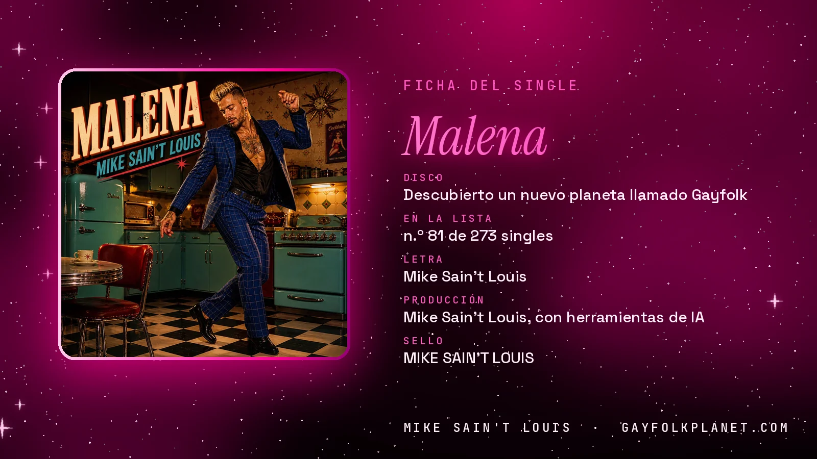 Ficha de la canción «Malena» con su carátula: disco «Descubierto un nuevo planeta llamado Gayfolk», letra y producción de Mike Sain't Louis