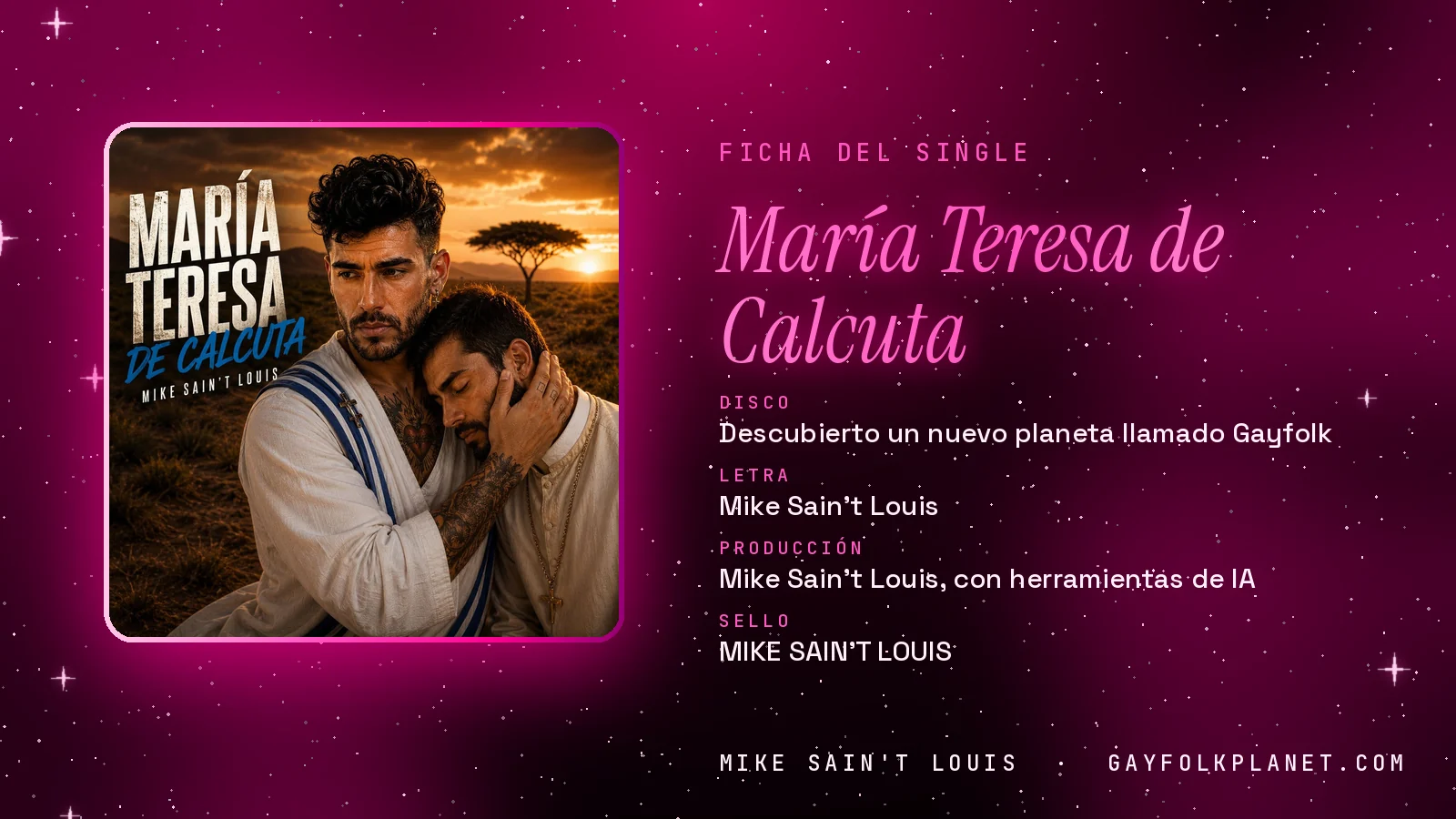 Ficha de la canción «María Teresa de Calcuta» con su carátula: disco «Descubierto un nuevo planeta llamado Gayfolk», letra y producción de Mike Sain't Louis