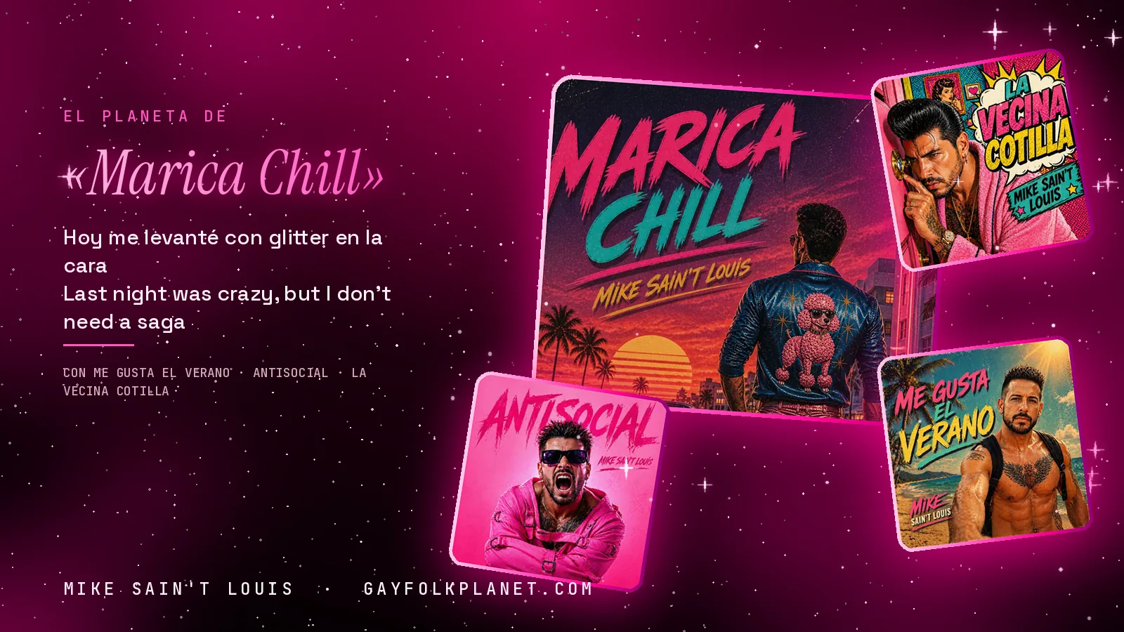 Collage con un detalle de la carátula de «Marica Chill» y las carátulas de «Me Gusta el Verano», «Antisocial», «La vecina cotilla»