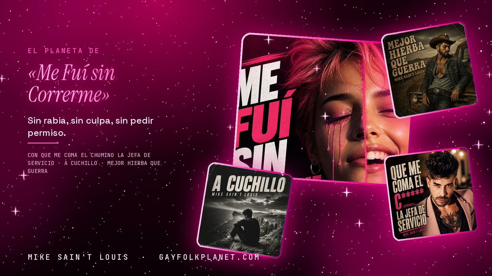 Collage con un detalle de la carátula de «Me Fuí sin Correrme» y las carátulas de «Que me coma el chumino la jefa de servicio», «A Cuchillo», «Mejor Hierba que Guerra»