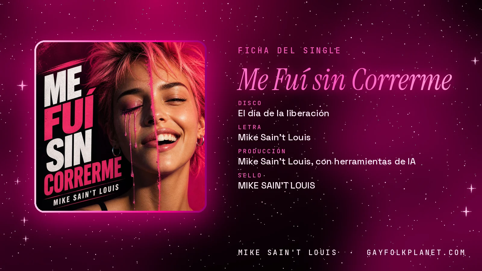 Ficha de la canción «Me Fuí sin Correrme» con su carátula: disco «El día de la liberación», letra y producción de Mike Sain't Louis