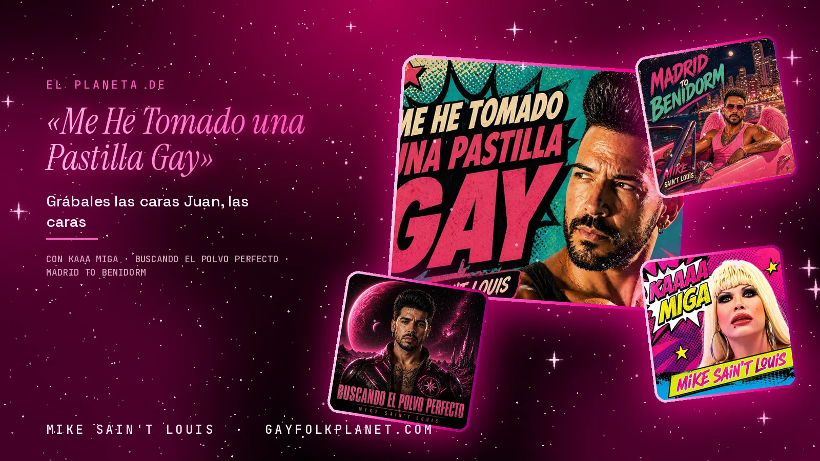 Collage con un detalle de la carátula de «Me He Tomado una Pastilla Gay» y las carátulas de «Kaaa Miga», «Buscando el polvo perfecto», «Madrid to Benidorm»