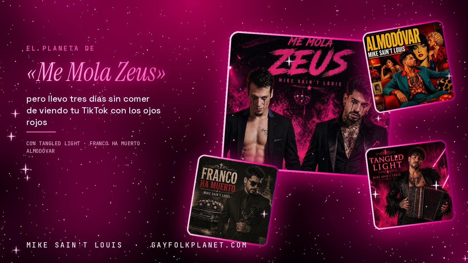 Collage con un detalle de la carátula de «Me Mola Zeus» y las carátulas de «Tangled Light», «Franco ha muerto», «Almodóvar»