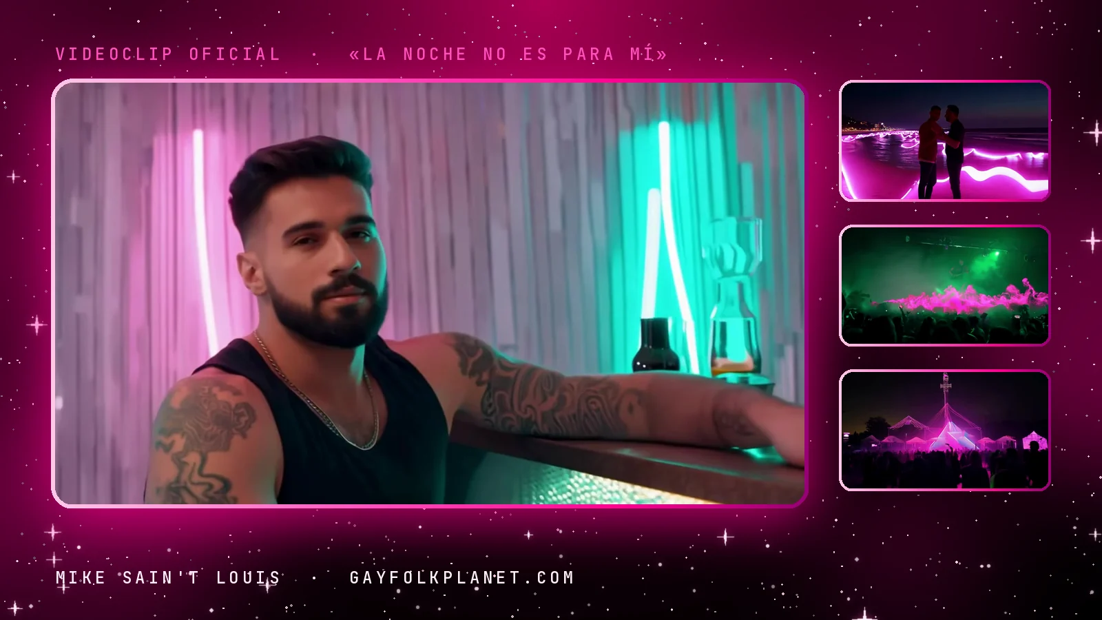 Cuatro instantes de «La noche no es para mí»: la cruz alzada hacia el foco, el escenario morado del festival, la multitud bajo rayos rosas y la carpa iluminada casi al amanecer
