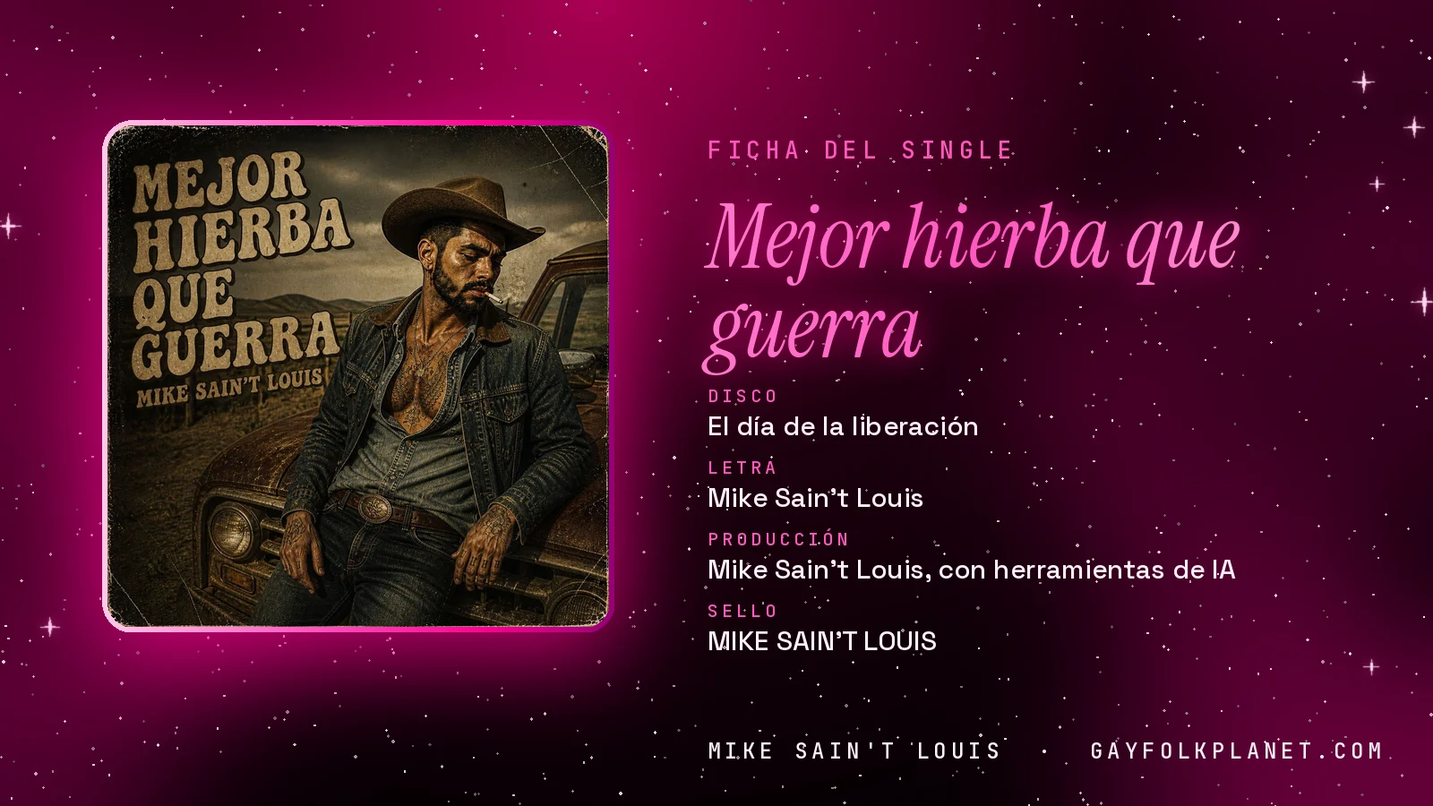 Ficha de la canción «Mejor hierba que guerra» con su carátula: disco «El día de la liberación», letra y producción de Mike Sain't Louis