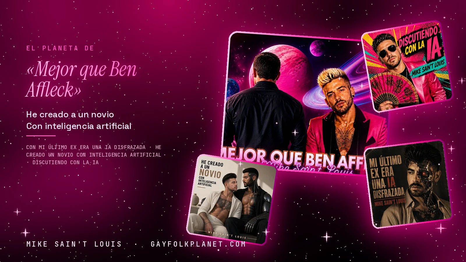 Collage con un detalle de la carátula de «Mejor que Ben Affleck» y las carátulas de «Mi último ex era una IA disfrazada», «He creado un novio con inteligencia artificial», «Discutiendo con la IA»