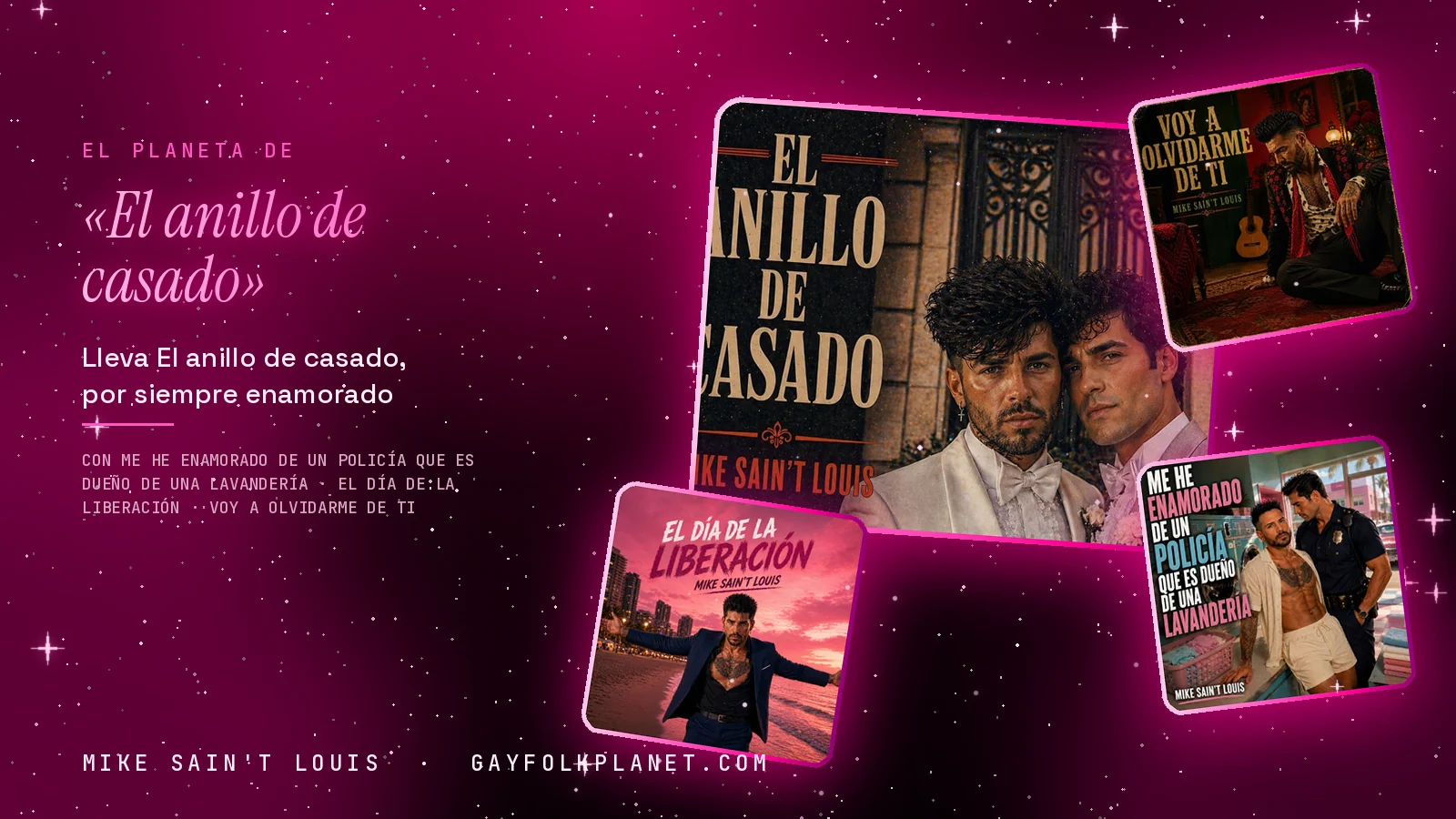Collage con un detalle de la carátula de «El anillo de casado» y las carátulas de «Me he enamorado de un policía que es dueño de una lavandería», «El día de la liberación», «Voy a olvidarme de ti»
