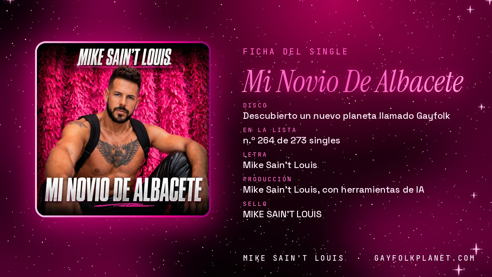 Ficha de la canción «Mi Novio De Albacete» con su carátula: disco «Descubierto un nuevo planeta llamado Gayfolk», letra y producción de Mike Sain't Louis