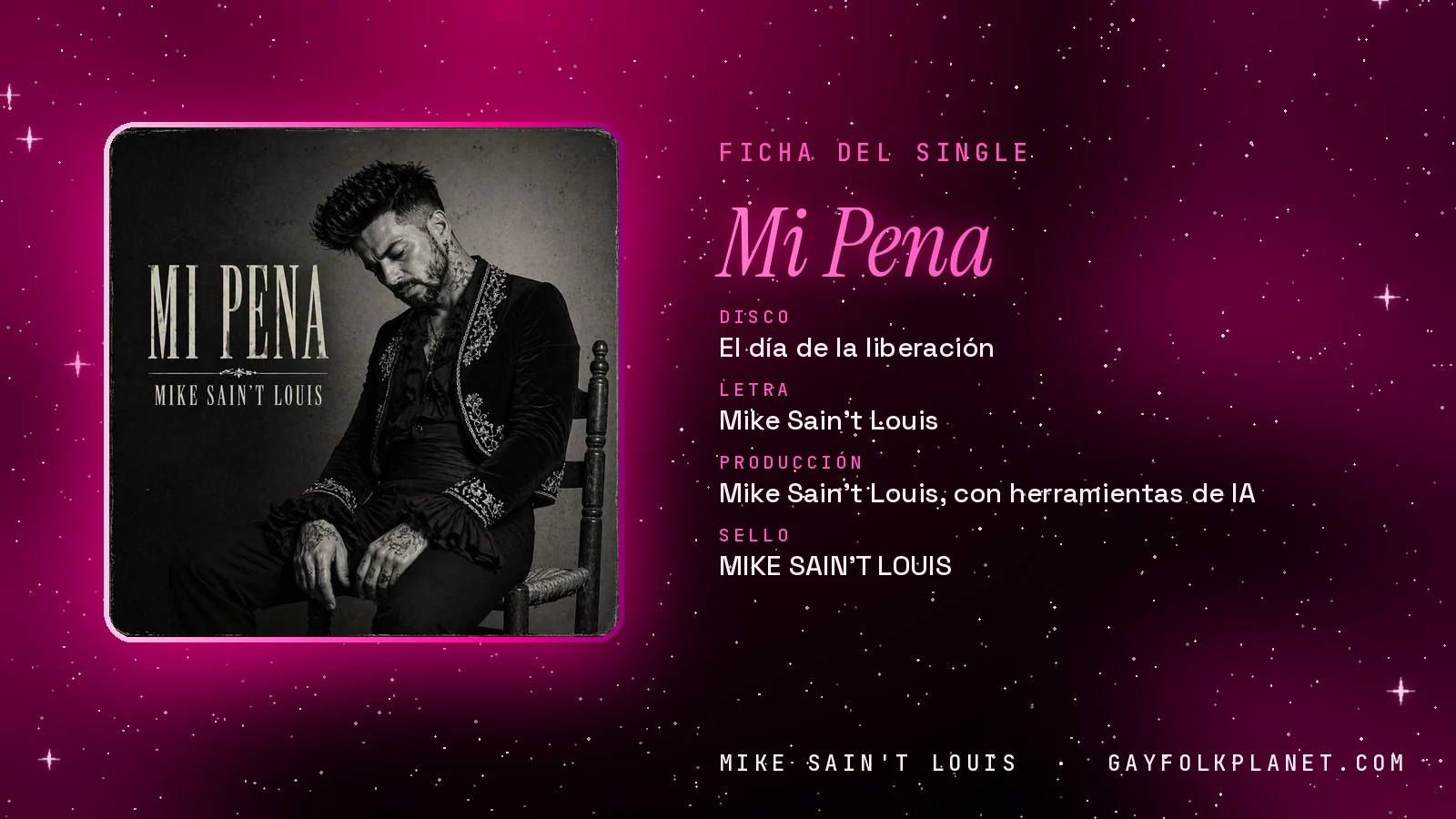 Ficha de la canción «Mi Pena» con su carátula: disco «El día de la liberación», letra y producción de Mike Sain't Louis