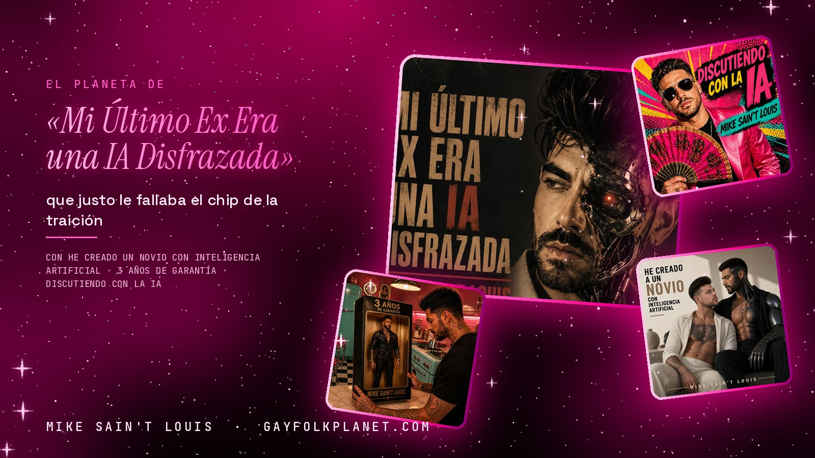 Collage con un detalle de la carátula de «Mi Último Ex Era una IA Disfrazada» y las carátulas de «He creado un novio con inteligencia artificial», «3 Años de Garantía», «Discutiendo con la IA»