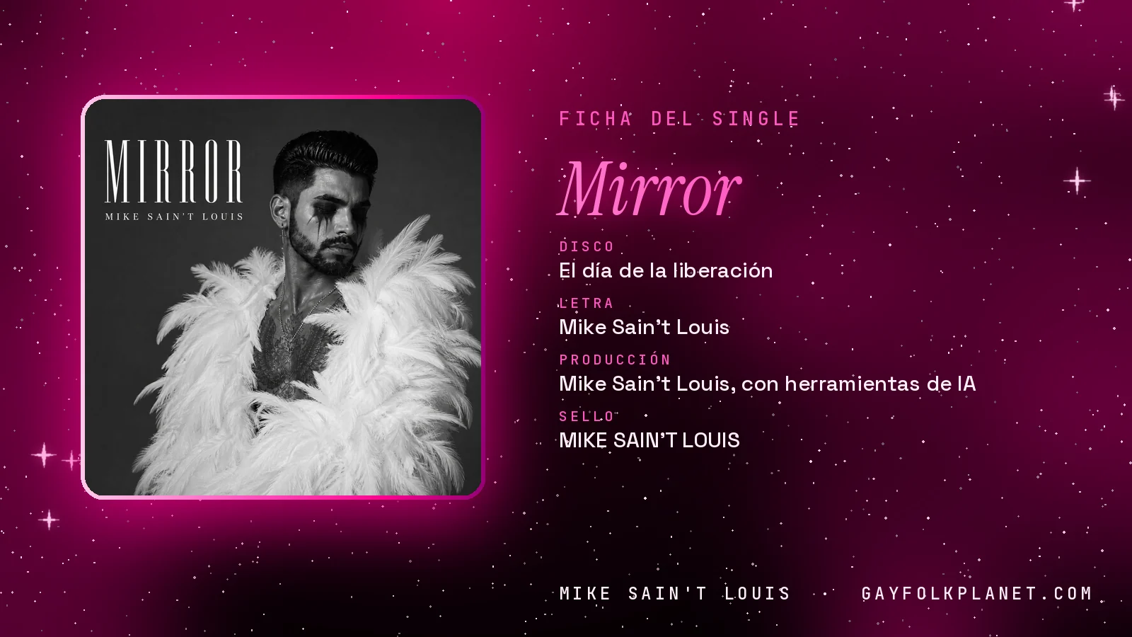 Ficha de la canción «Mirror» con su carátula: disco «El día de la liberación», letra y producción de Mike Sain't Louis