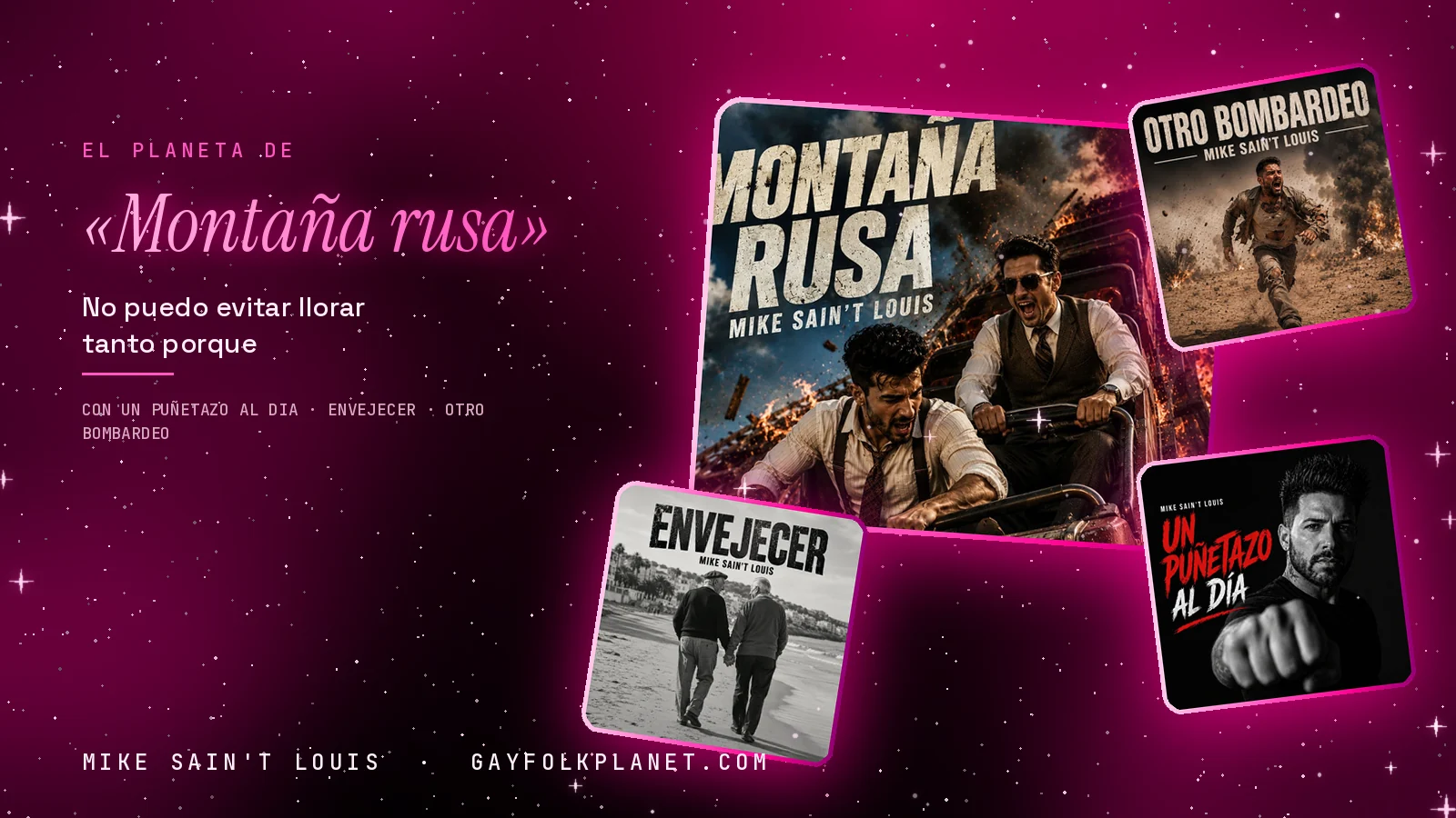 Collage con un detalle de la carátula de «Montaña rusa» y las carátulas de «Un puñetazo al dia», «Envejecer», «Otro bombardeo»