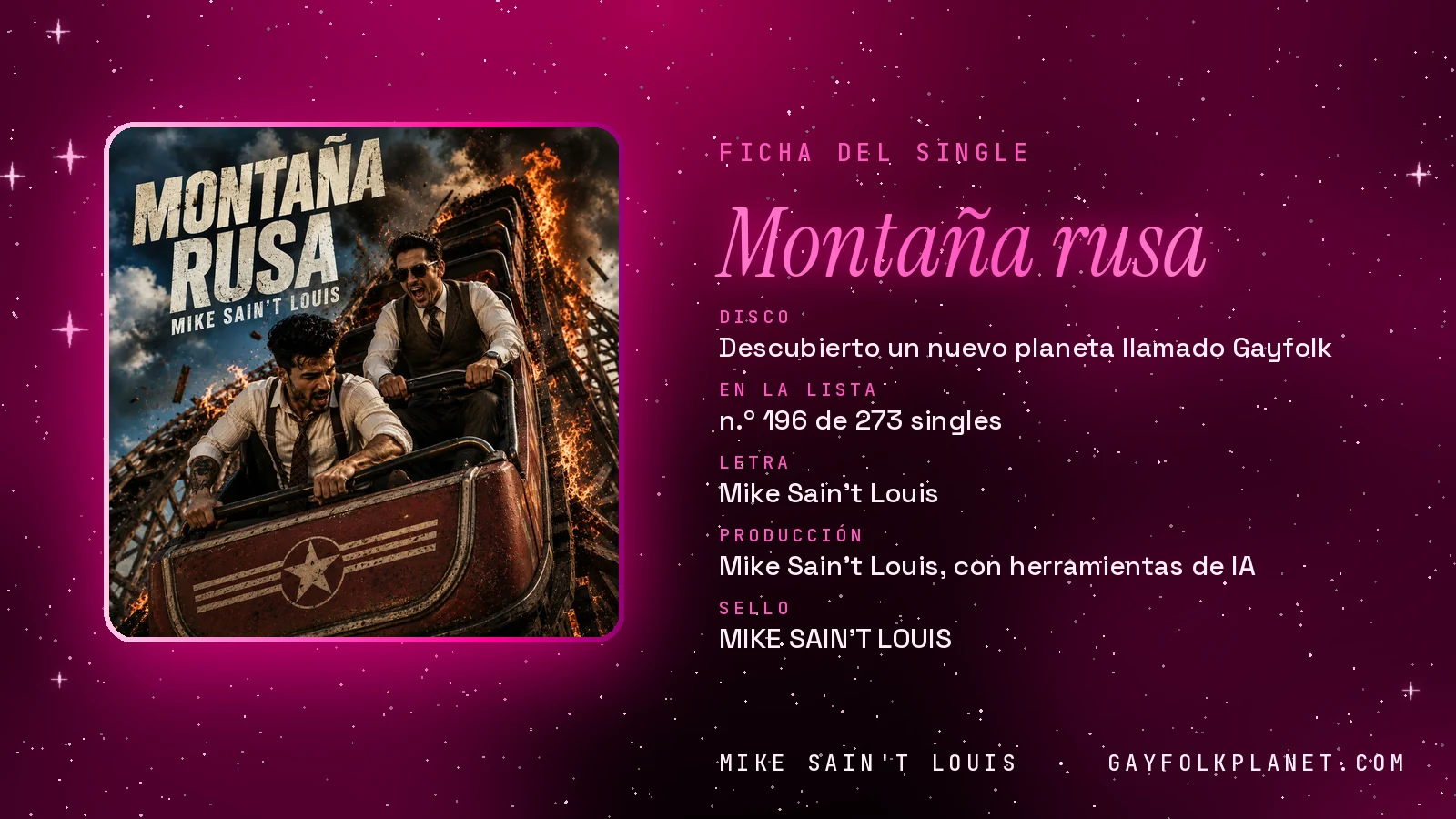 Ficha de la canción «Montaña rusa» con su carátula: disco «Descubierto un nuevo planeta llamado Gayfolk», letra y producción de Mike Sain't Louis