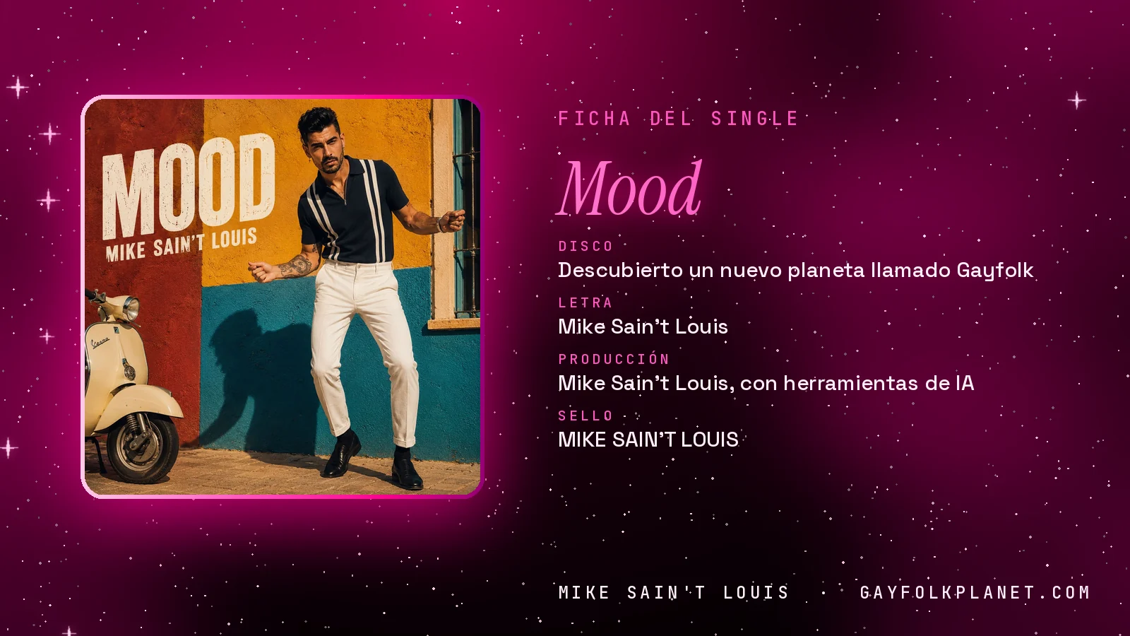 Ficha de la canción «Mood» con su carátula: disco «Descubierto un nuevo planeta llamado Gayfolk», letra y producción de Mike Sain't Louis