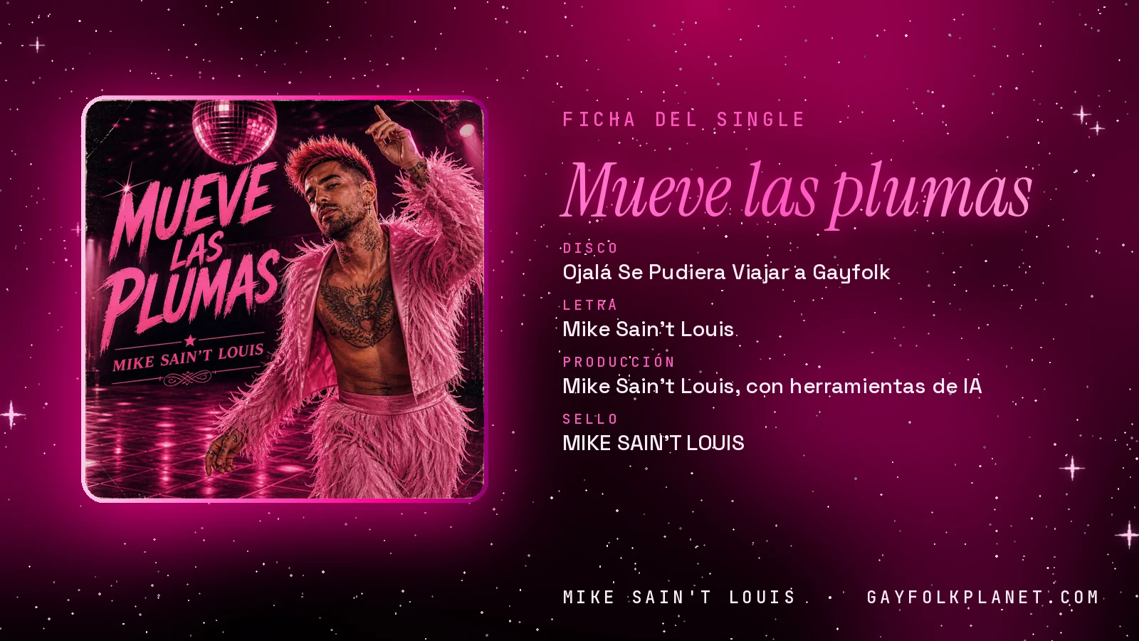 Ficha de la canción «Mueve las plumas» con su carátula: disco «Ojalá Se Pudiera Viajar a Gayfolk», letra y producción de Mike Sain't Louis