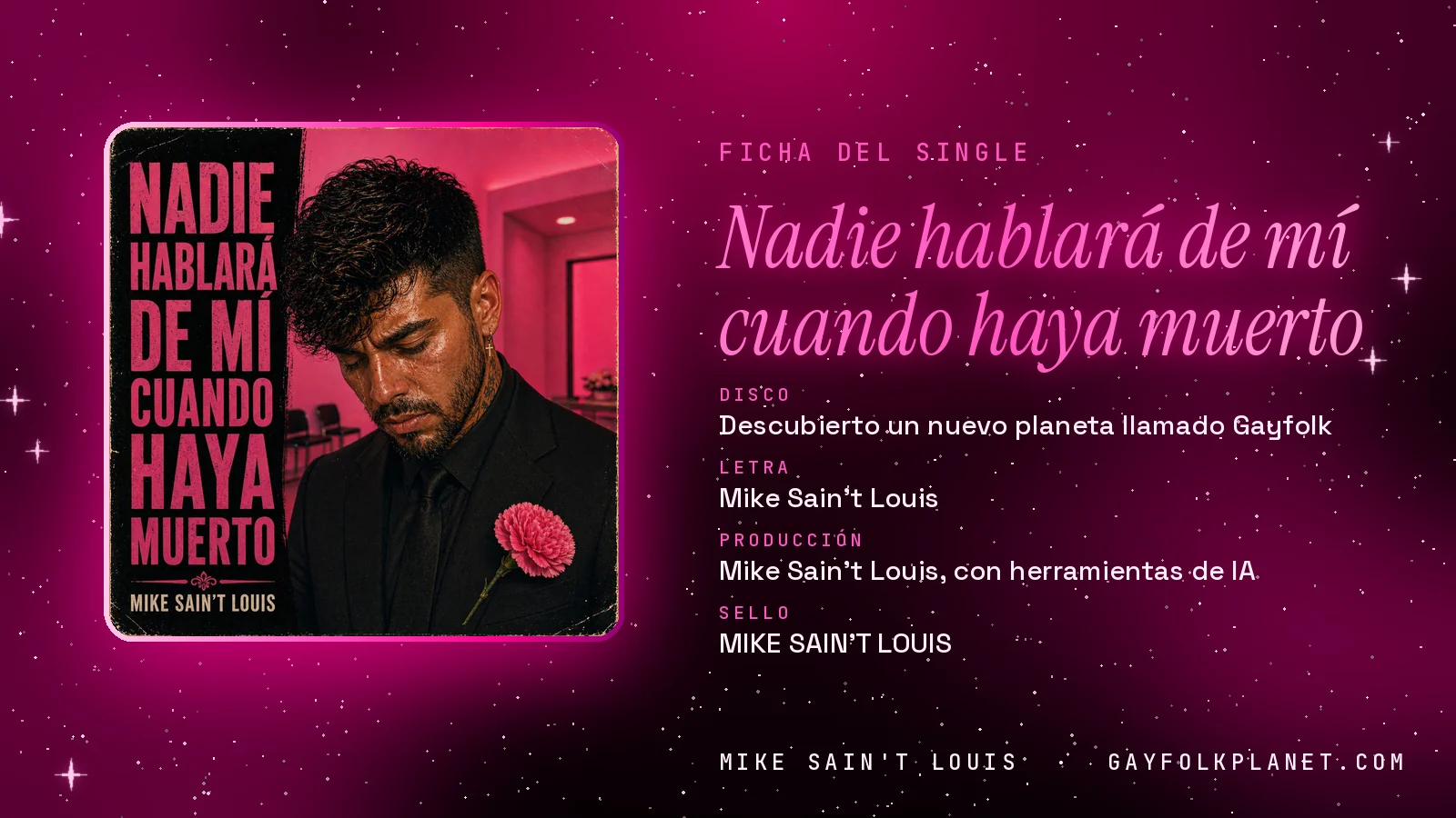 Ficha de la canción «Nadie hablará de mí cuando haya muerto» con su carátula: disco «Descubierto un nuevo planeta llamado Gayfolk», letra y producción de Mike Sain't Louis
