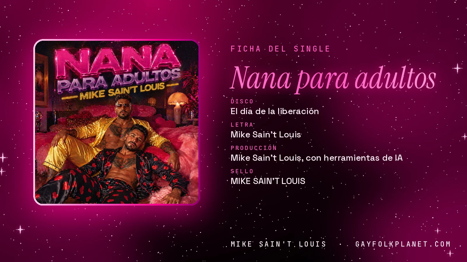 Ficha de la canción «Nana para adultos» con su carátula: disco «El día de la liberación», letra y producción de Mike Sain't Louis