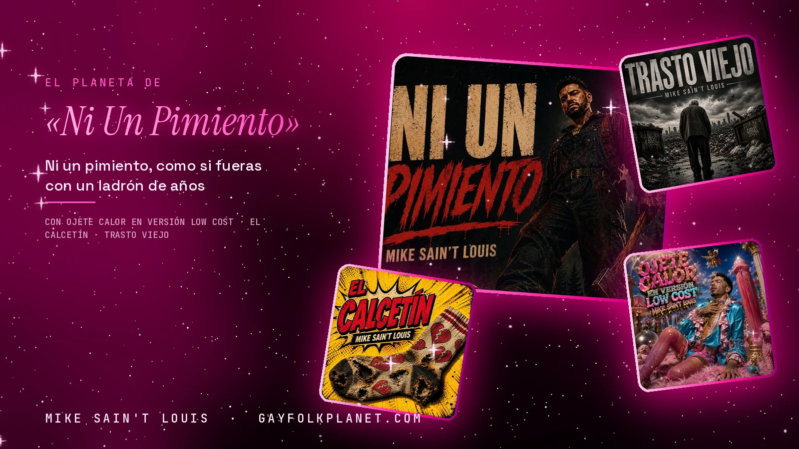 Collage con un detalle de la carátula de «Ni Un Pimiento» y las carátulas de «Ojete Calor en versión low cost», «El calcetín», «Trasto Viejo»