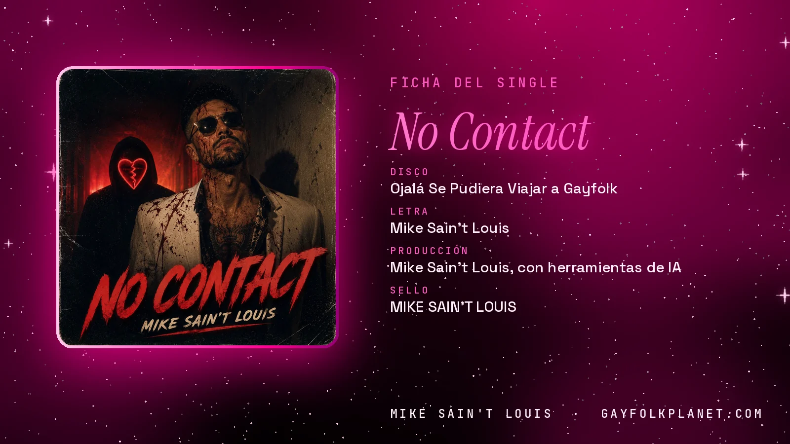 Ficha de la canción «No Contact» con su carátula: disco «Ojalá Se Pudiera Viajar a Gayfolk», letra y producción de Mike Sain't Louis