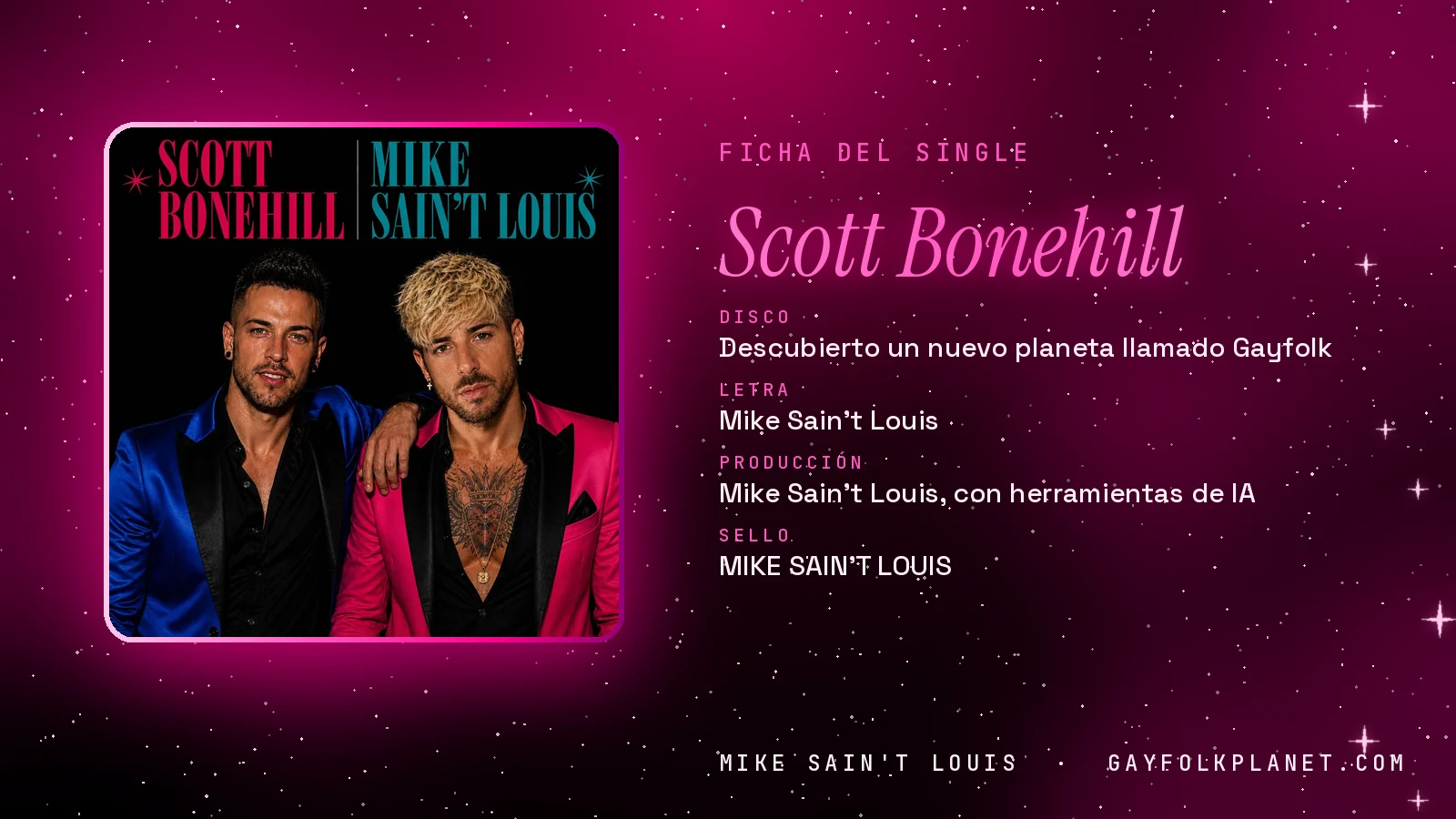Ficha de la canción «Scott Bonehill» con su carátula: disco «Descubierto un nuevo planeta llamado Gayfolk», letra y producción de Mike Sain't Louis