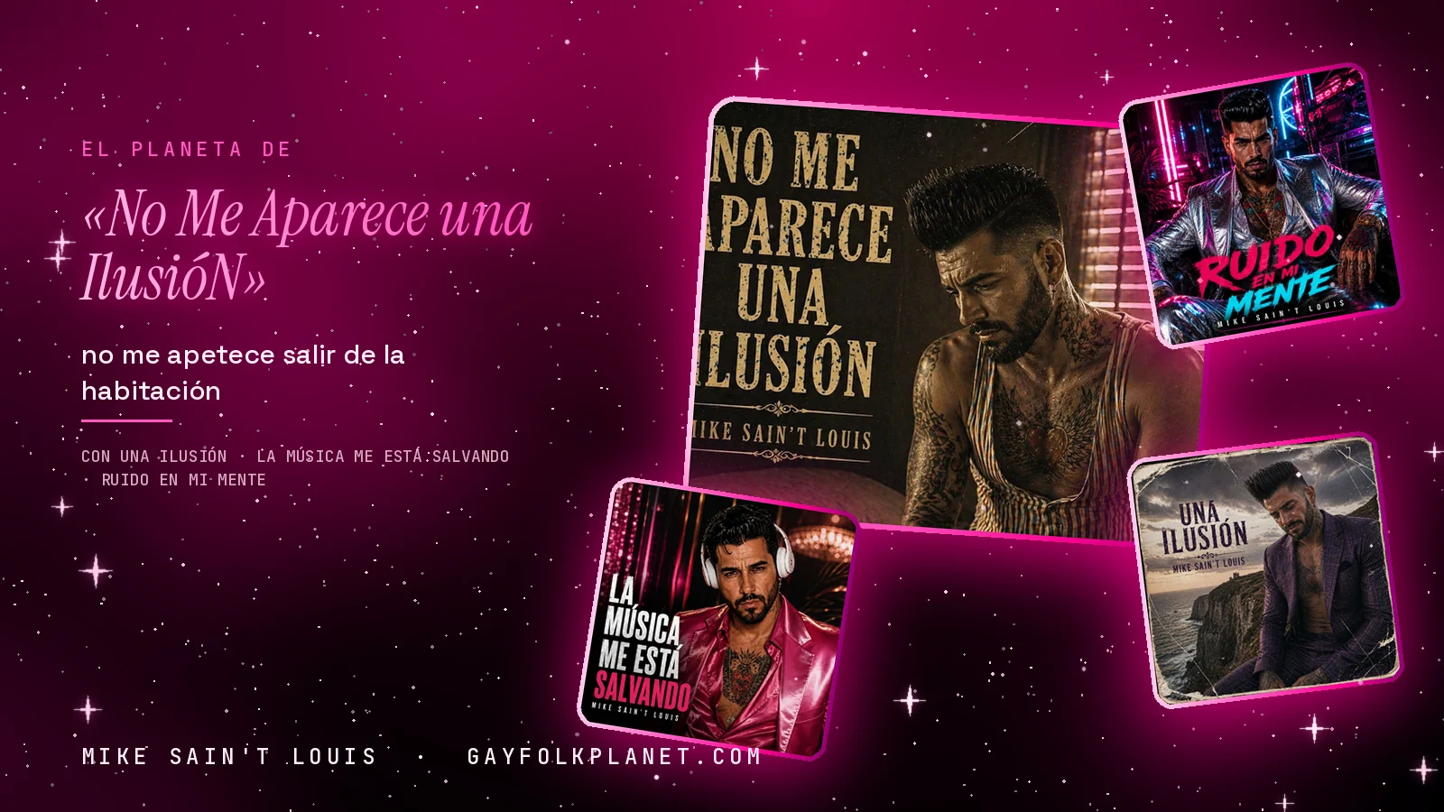 Collage con un detalle de la carátula de «No Me Aparece una IlusióN» y las carátulas de «Una ilusión», «La Música Me Está Salvando», «Ruido En Mi Mente»