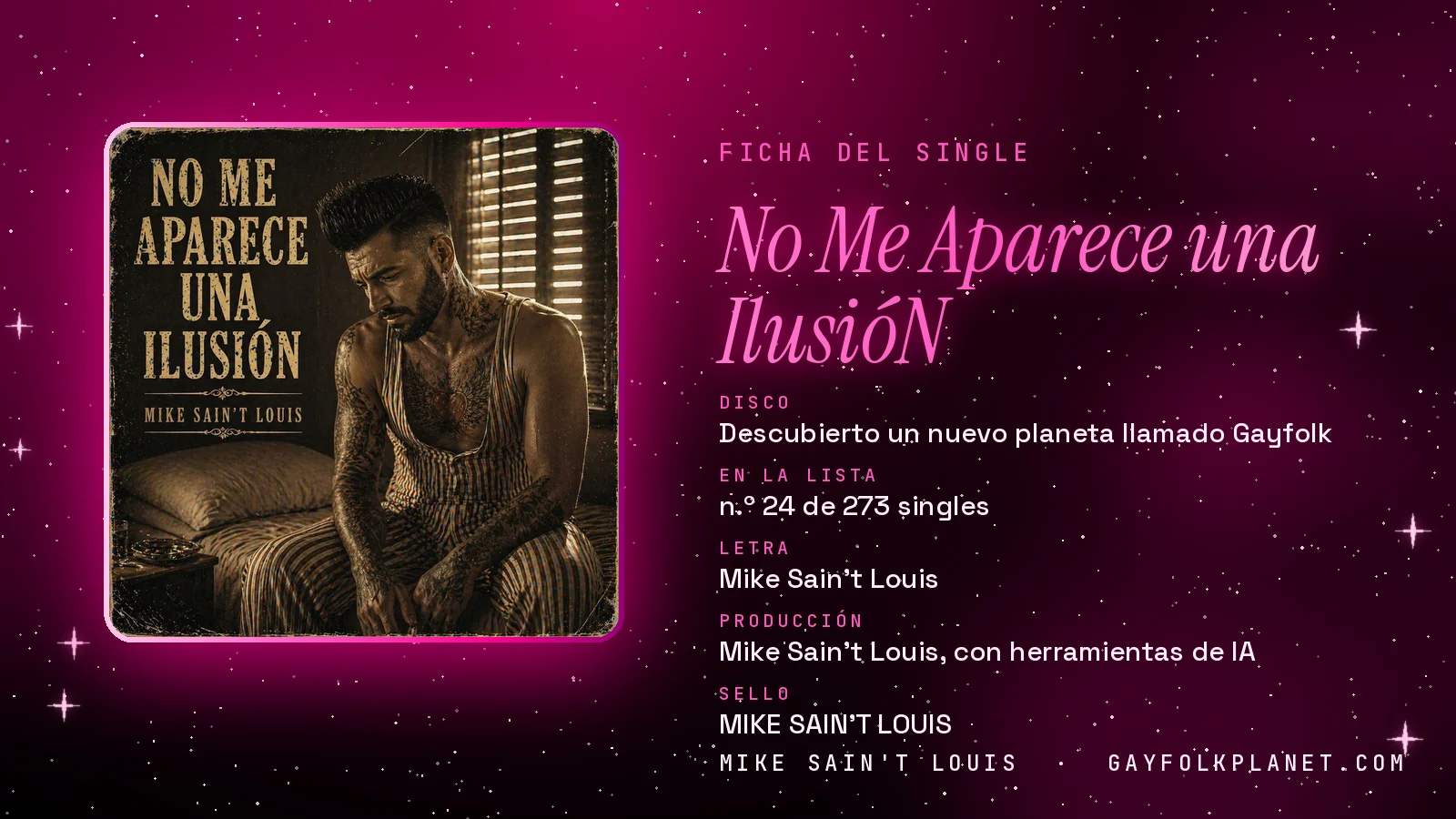 Ficha de la canción «No Me Aparece una IlusióN» con su carátula: disco «Descubierto un nuevo planeta llamado Gayfolk», letra y producción de Mike Sain't Louis
