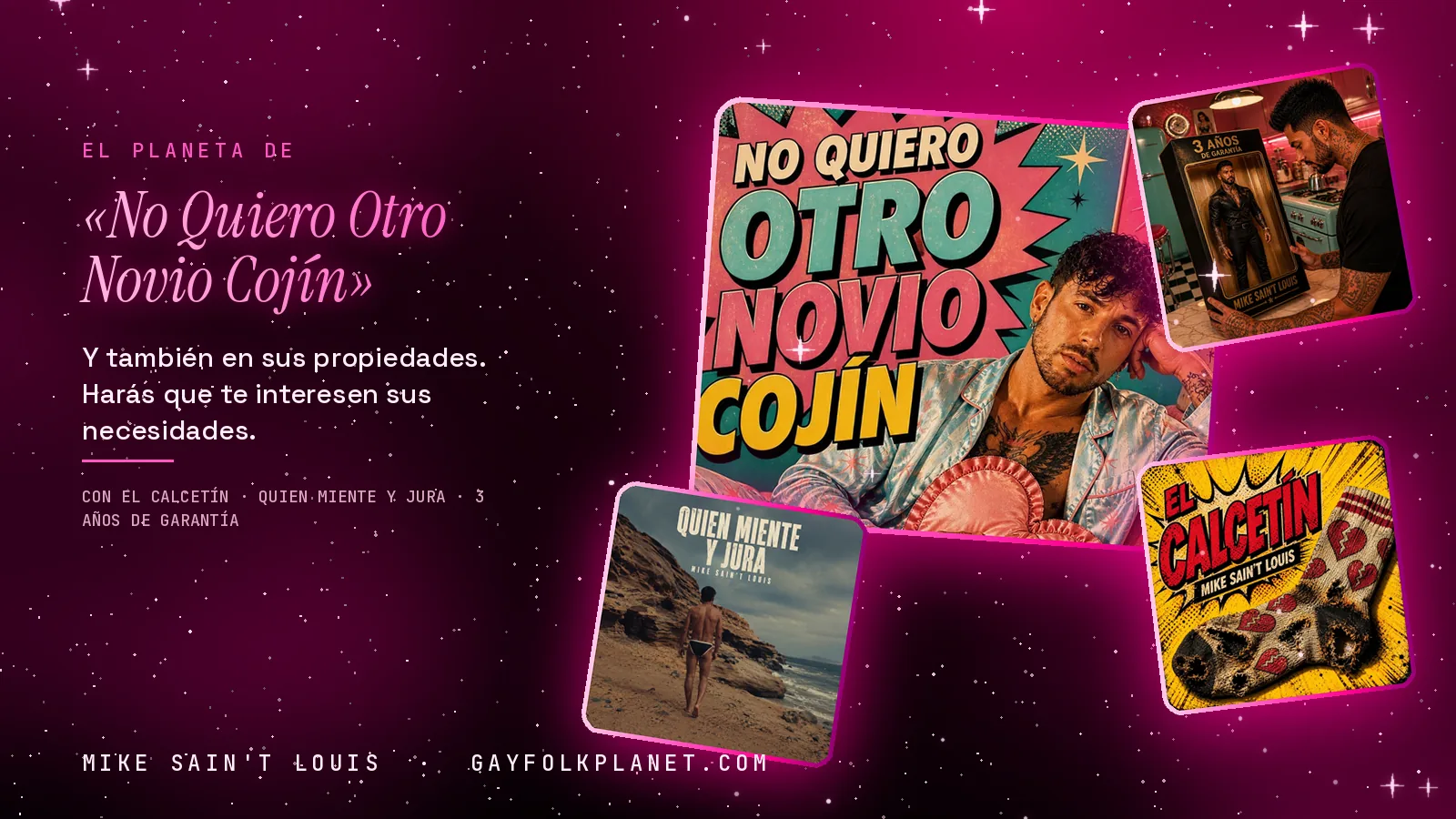 Collage con un detalle de la carátula de «No Quiero Otro Novio Cojín» y las carátulas de «El calcetín», «Quien miente y jura», «3 Años de Garantía»