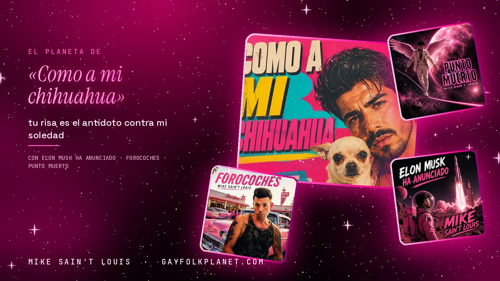 Collage con un detalle de la carátula de «Como a mi chihuahua» y las carátulas de «Elon Musk ha anunciado», «Forocoches», «Punto Muerto»