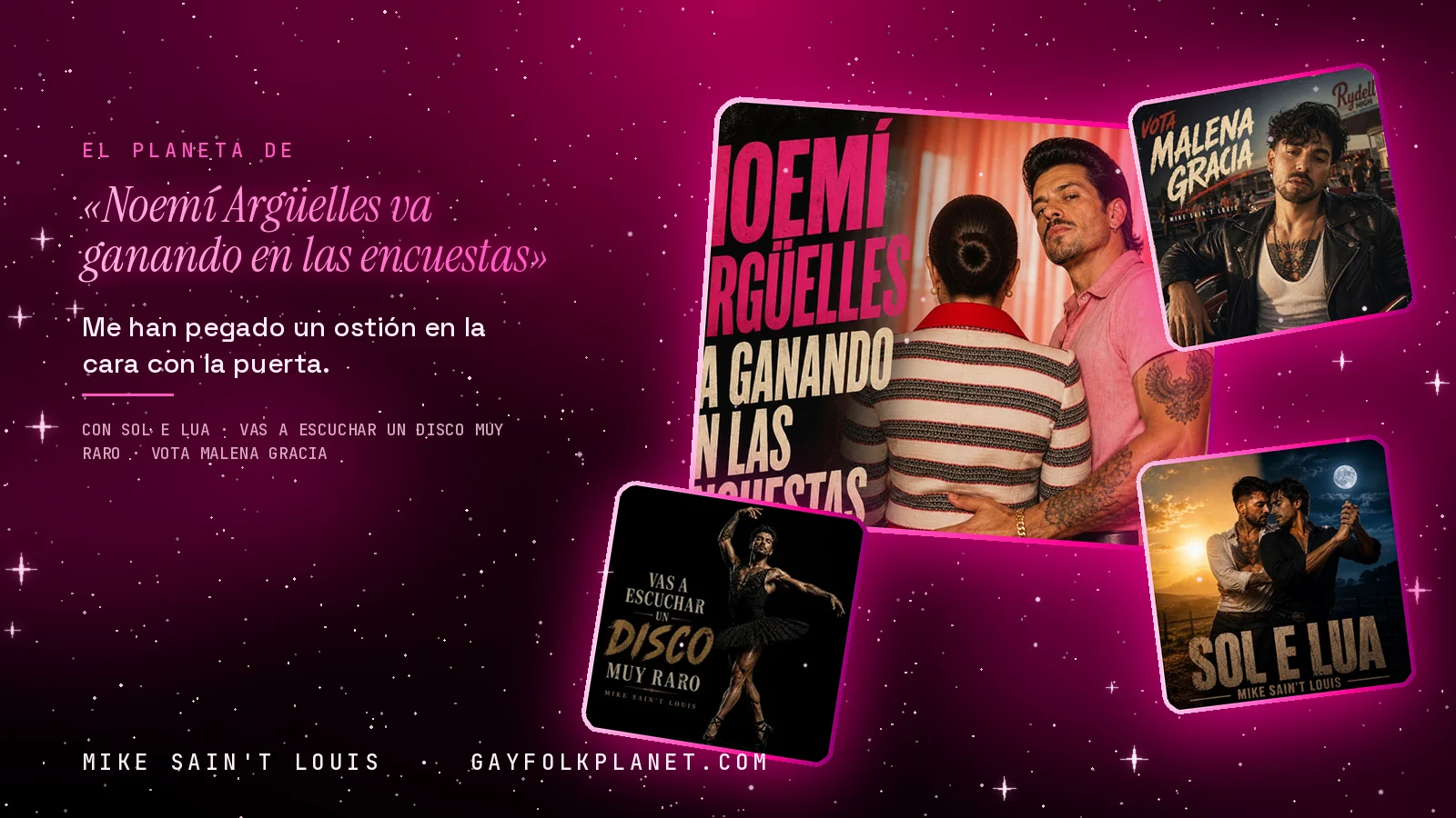 Collage con un detalle de la carátula de «Noemí Argüelles va ganando en las encuestas» y las carátulas de «Sol e lua», «Vas a escuchar un disco muy raro», «Vota Malena Gracia»
