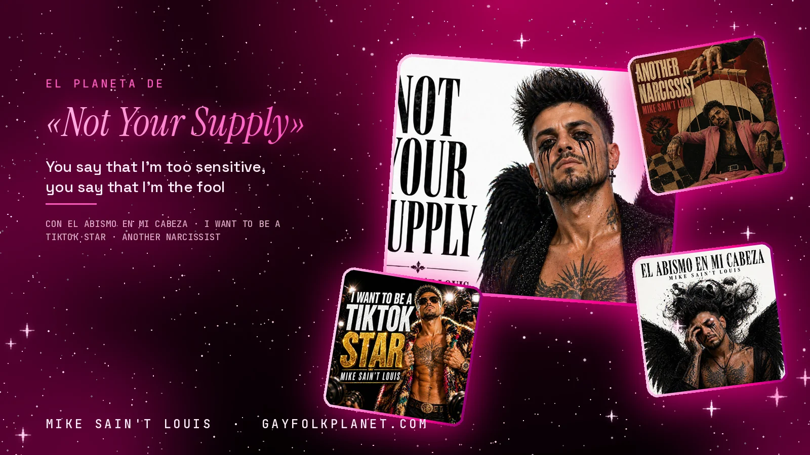 Collage con un detalle de la carátula de «Not Your Supply» y las carátulas de «El abismo en mi cabeza», «I Want to Be a Tiktok Star», «Another Narcissist»