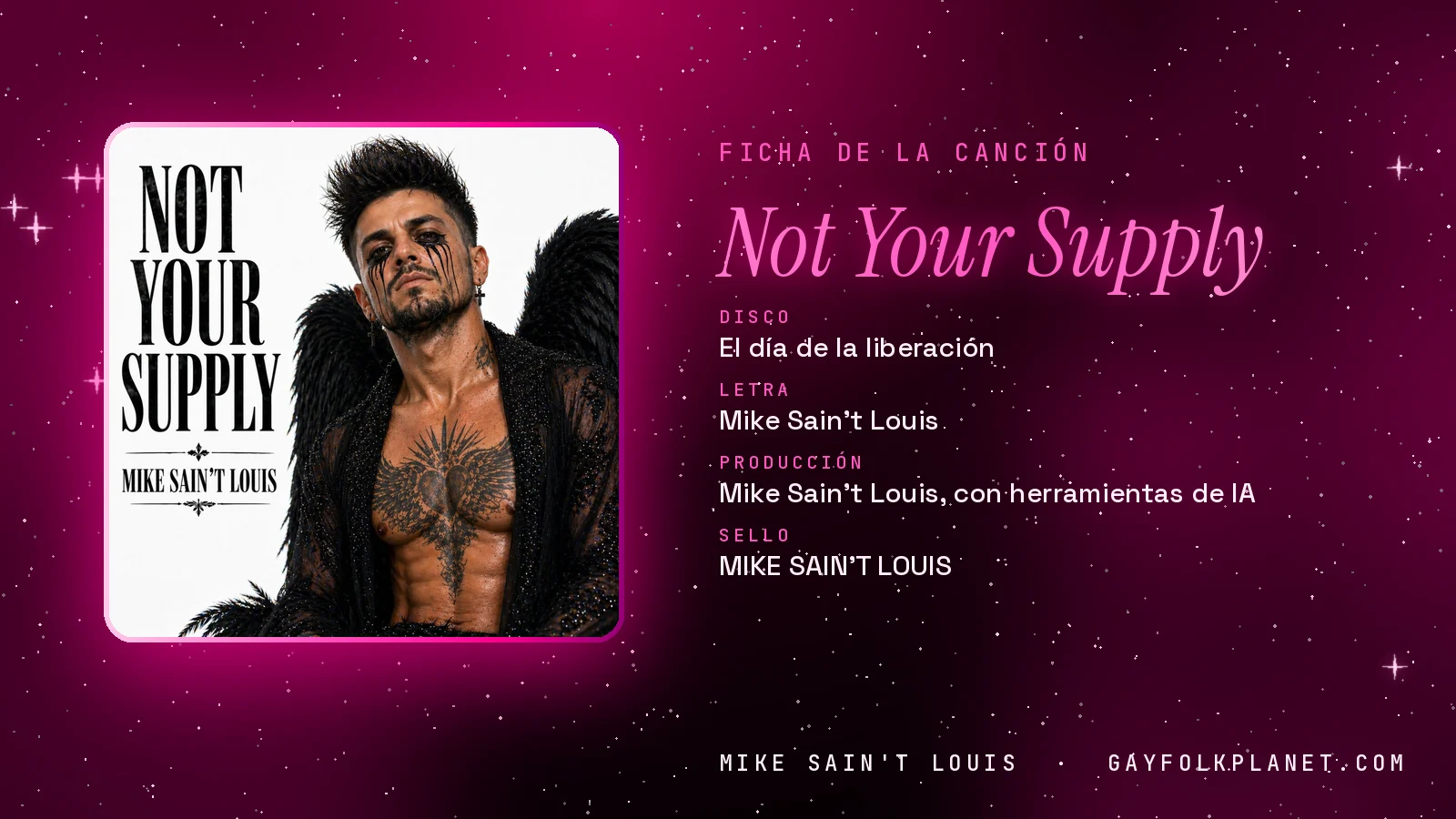 Ficha de «Not Your Supply», del disco «El día de la liberación», con su carátula: un hombre de pelo de punta, con alas negras y lágrimas de maquillaje oscuro, junto al título en letras negras