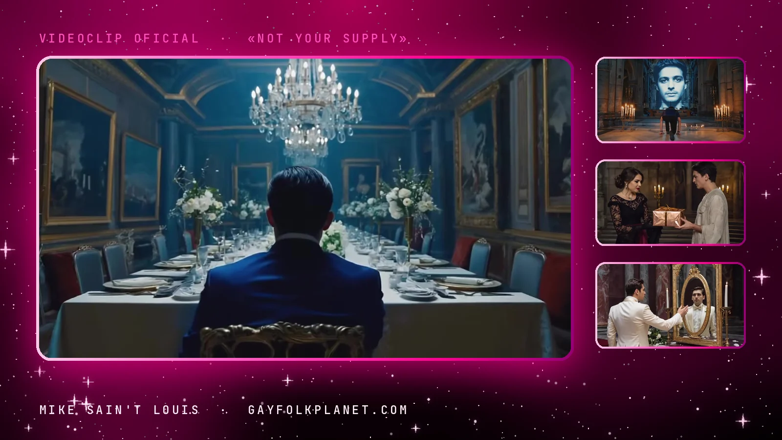 Fotogramas del videoclip de «Not Your Supply»: un hombre solo de espaldas en una mesa de banquete con arañas de cristal, un rostro gigante sobre velas, una mujer de encaje que entrega un paquete y un hombre de blanco ante un espejo dorado