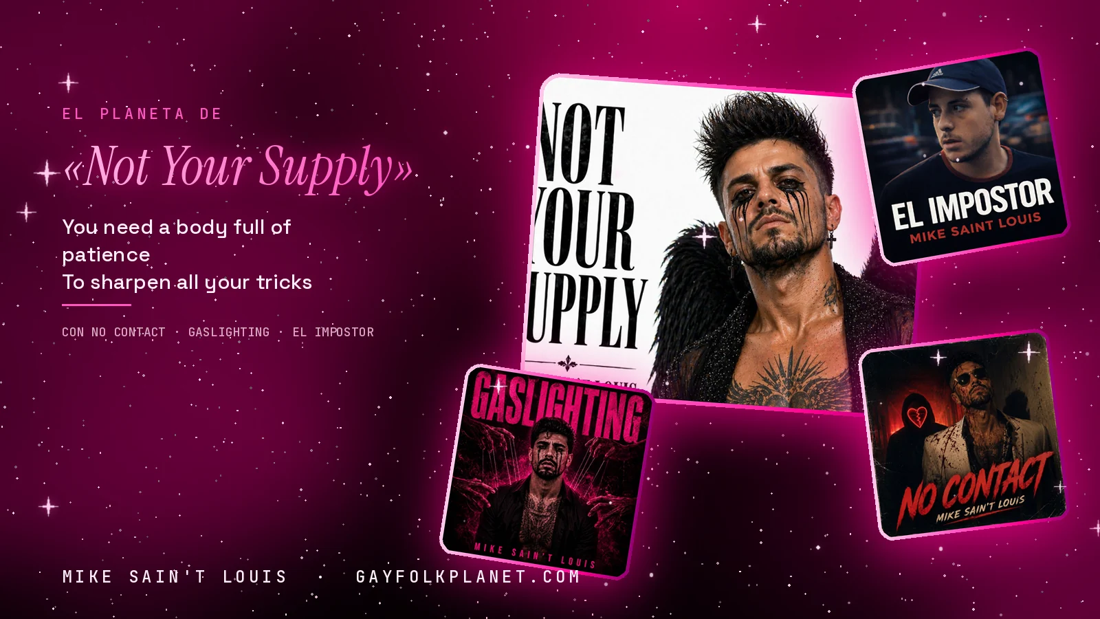 Collage con la carátula de «Not Your Supply» y las de «No Contact», «Gaslighting» y «El impostor», junto a los versos de la paciencia y los trucos