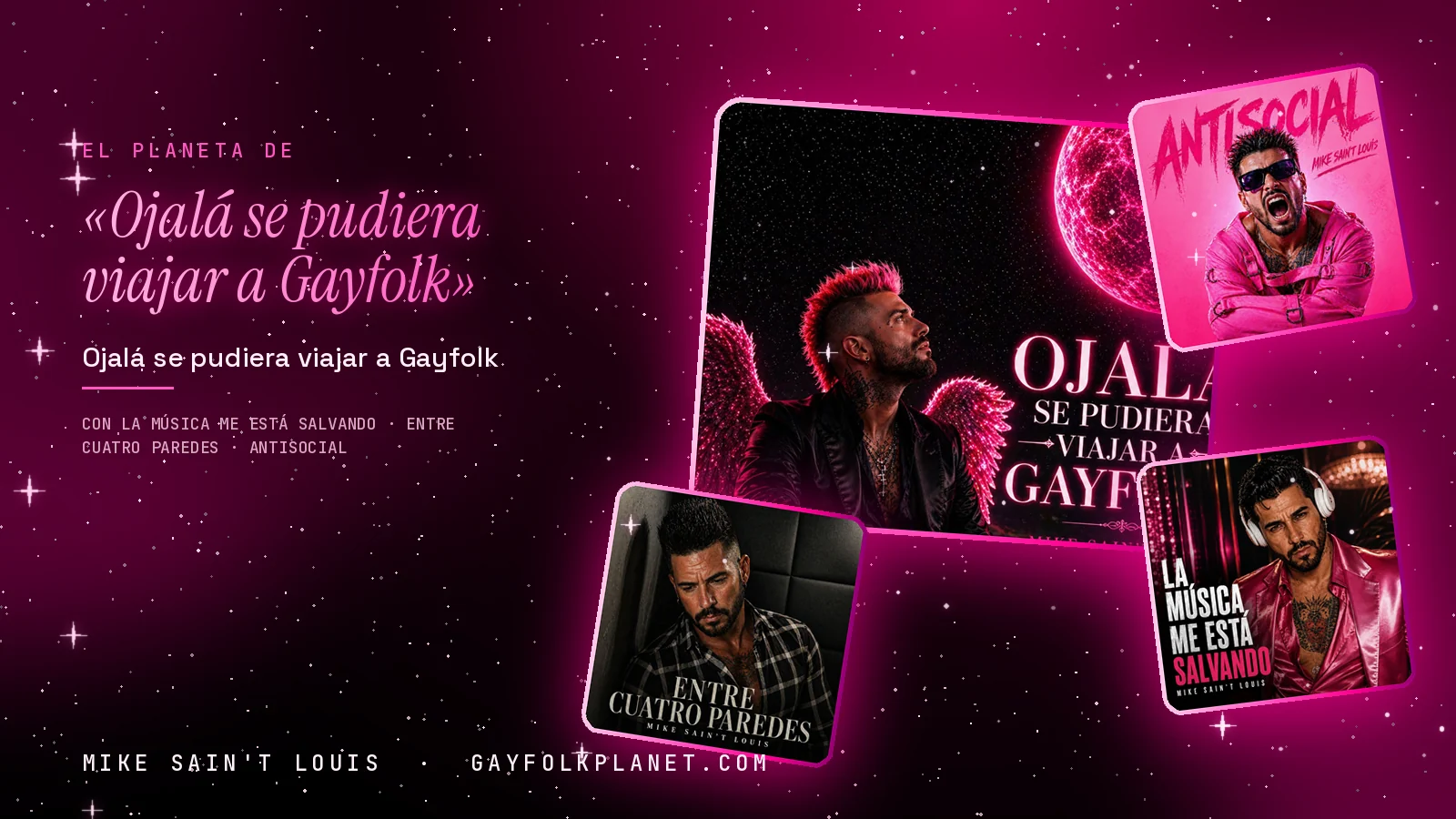 Collage con un detalle de la carátula de «Ojalá se pudiera viajar a Gayfolk» y las carátulas de «La Música Me Está Salvando», «Entre Cuatro Paredes», «Antisocial»