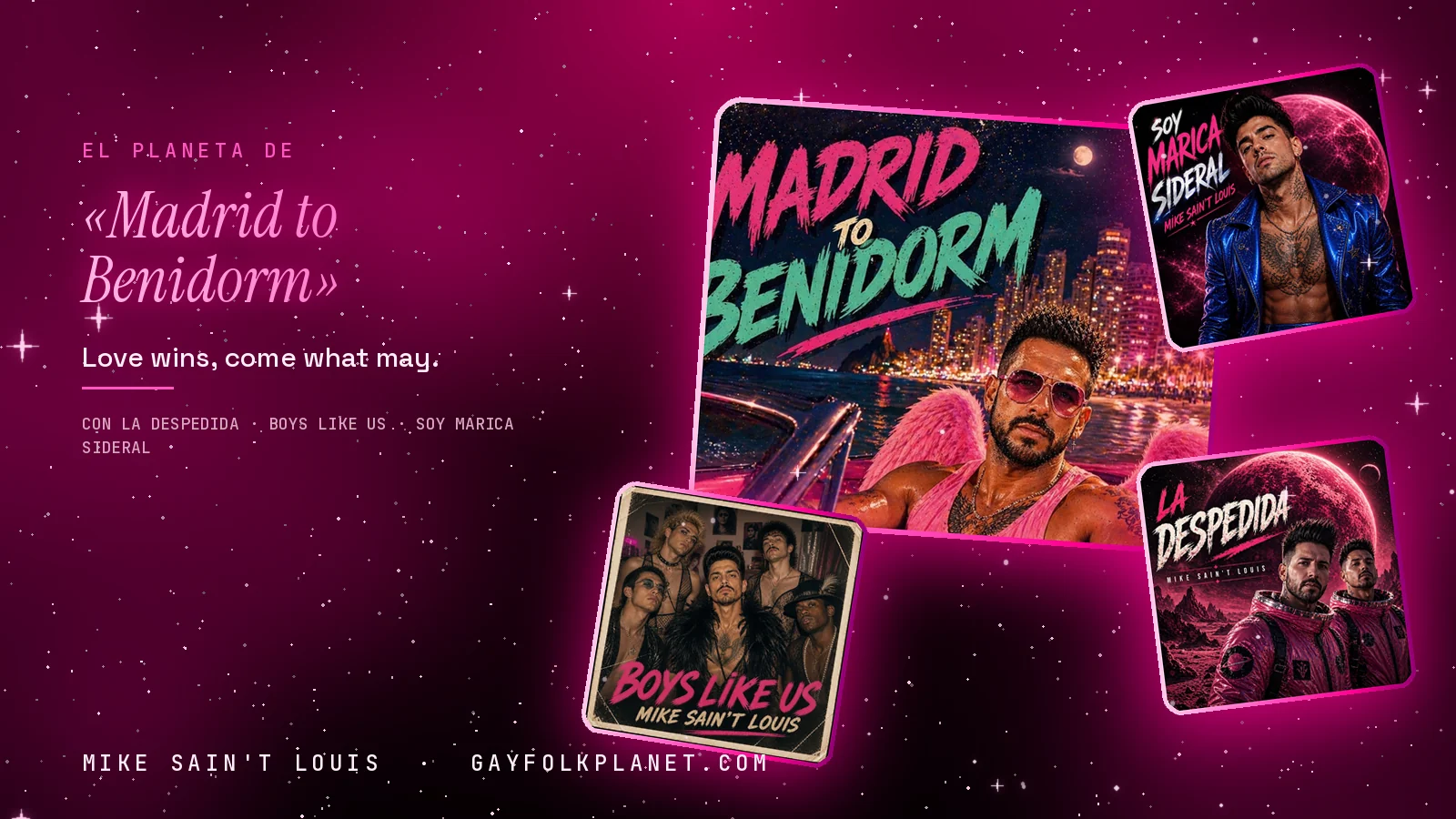 Collage con un detalle de la carátula de «Madrid to Benidorm» y las carátulas de «La despedida», «Boys Like Us», «Soy marica sideral»