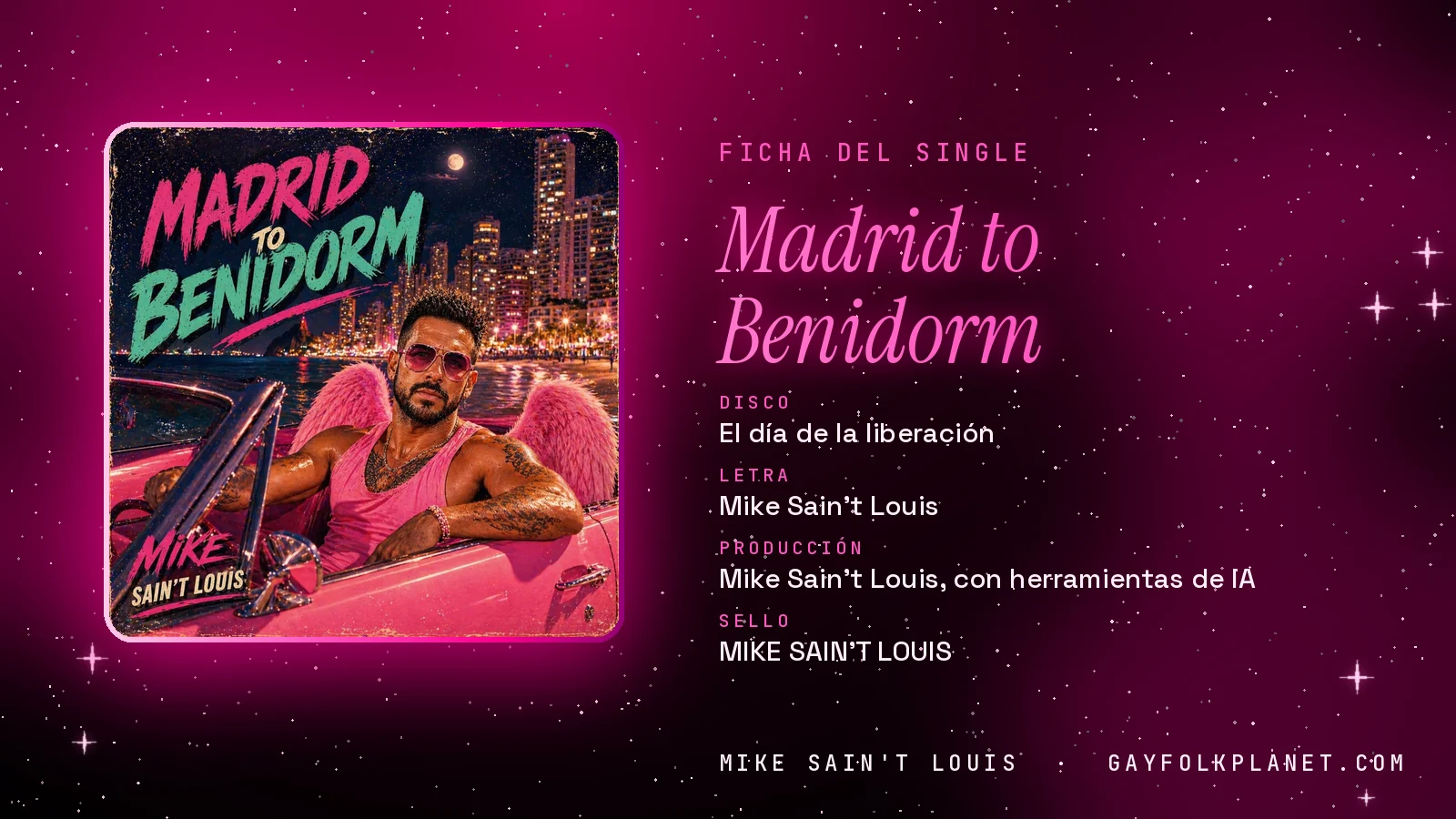Ficha de la canción «Madrid to Benidorm» con su carátula: disco «El día de la liberación», letra y producción de Mike Sain't Louis