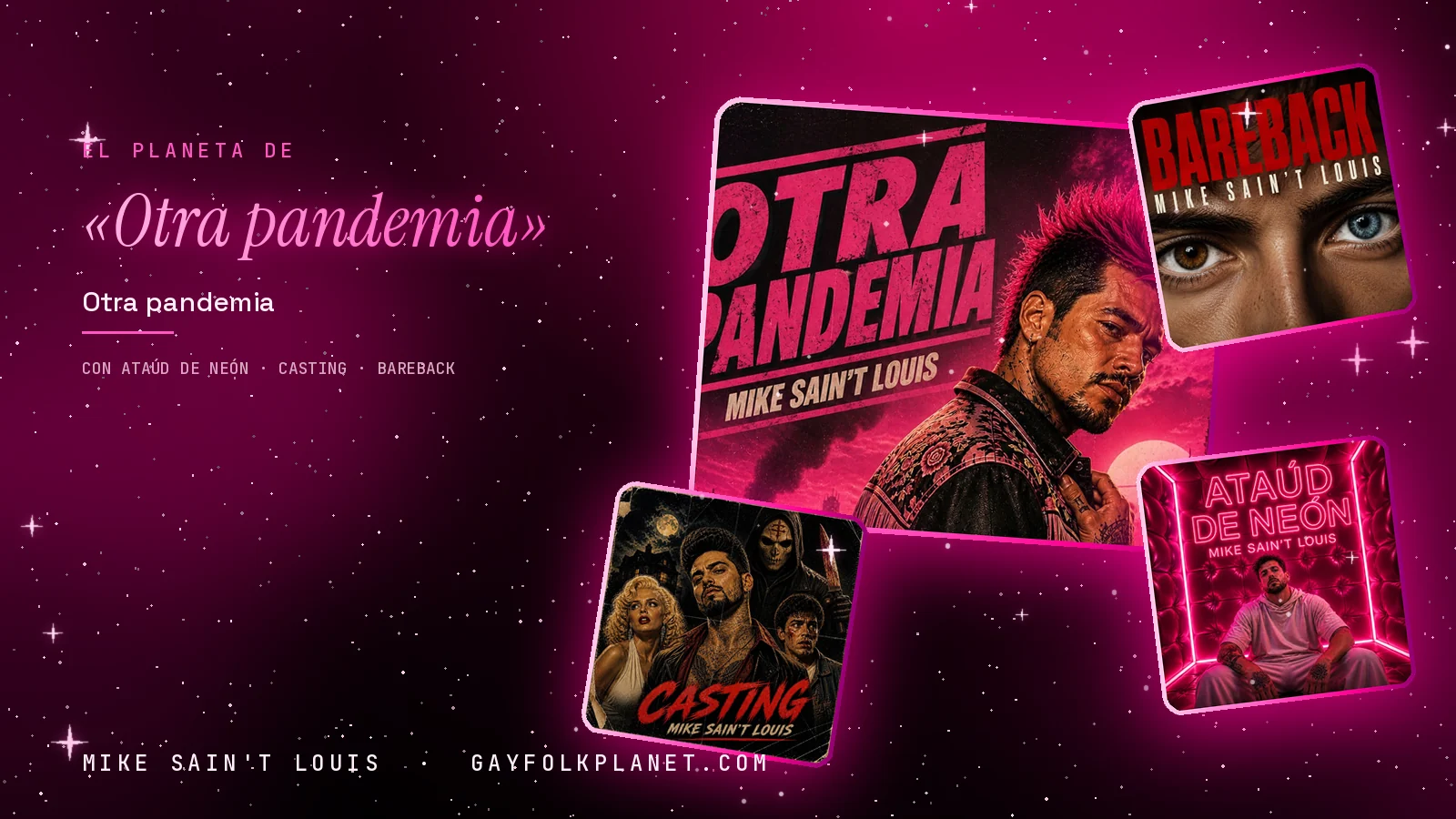 Collage con un detalle de la carátula de «Otra pandemia» y las carátulas de «AtaúD de NeóN», «Casting», «Bareback»