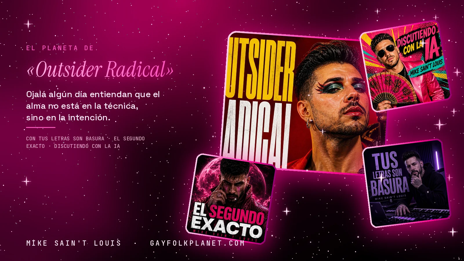 Collage con un detalle de la carátula de «Outsider Radical» y las carátulas de «Tus Letras Son Basura», «El Segundo Exacto», «Discutiendo con la IA»