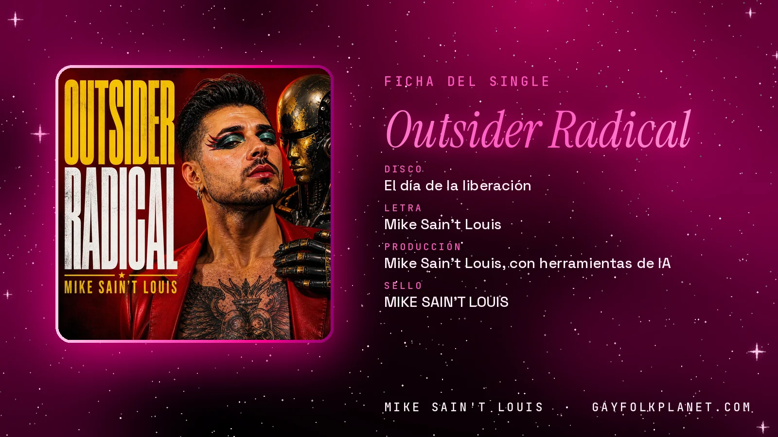 Ficha de la canción «Outsider Radical» con su carátula: disco «El día de la liberación», letra y producción de Mike Sain't Louis