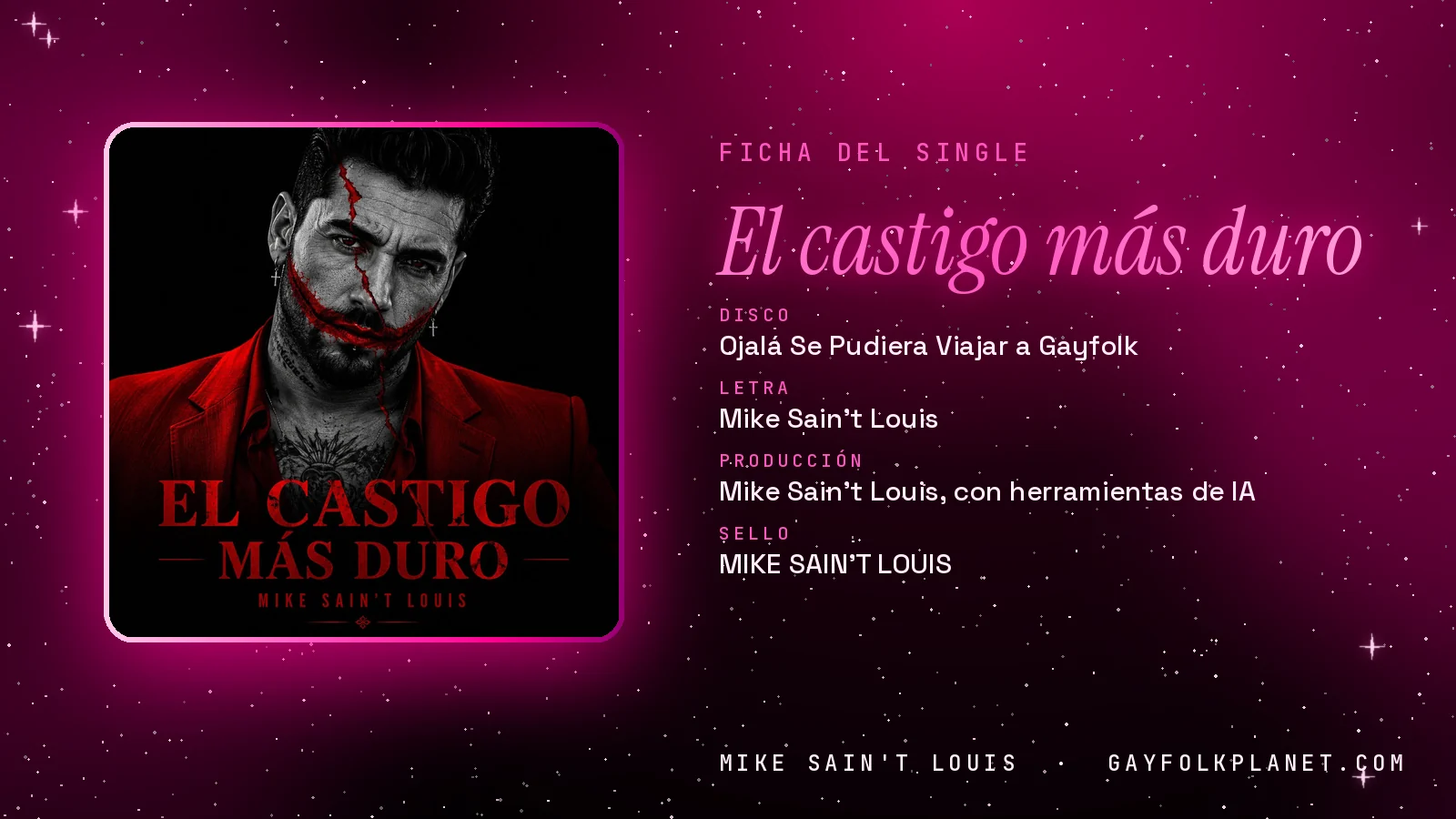 Ficha de la canción «El castigo más duro» con su carátula: disco «Ojalá Se Pudiera Viajar a Gayfolk», letra y producción de Mike Sain't Louis
