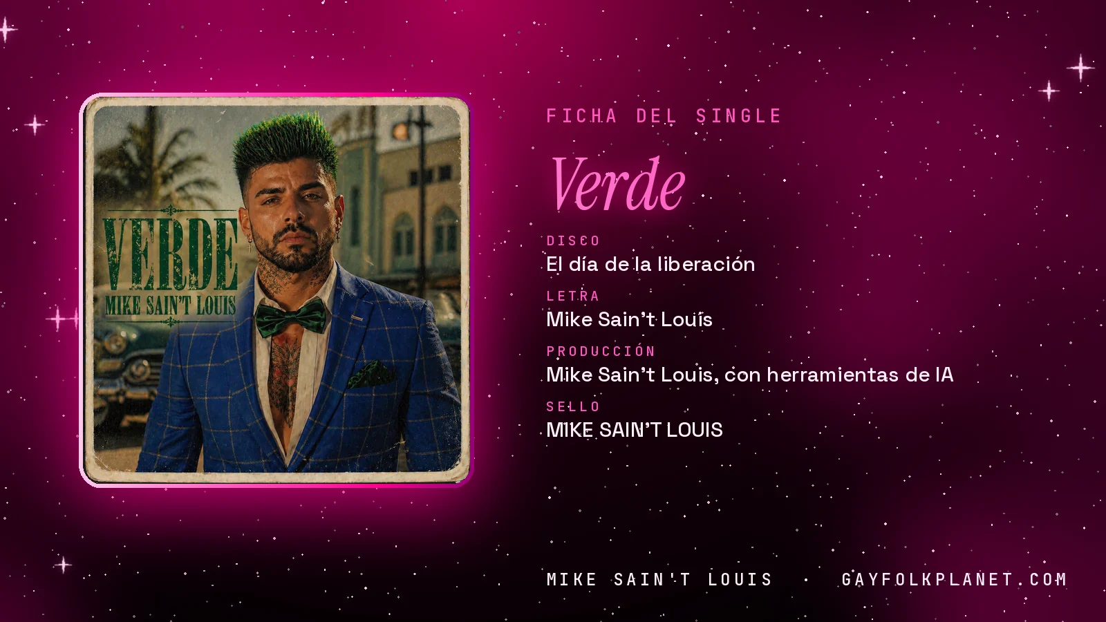 Ficha de la canción «Verde» con su carátula: disco «El día de la liberación», letra y producción de Mike Sain't Louis