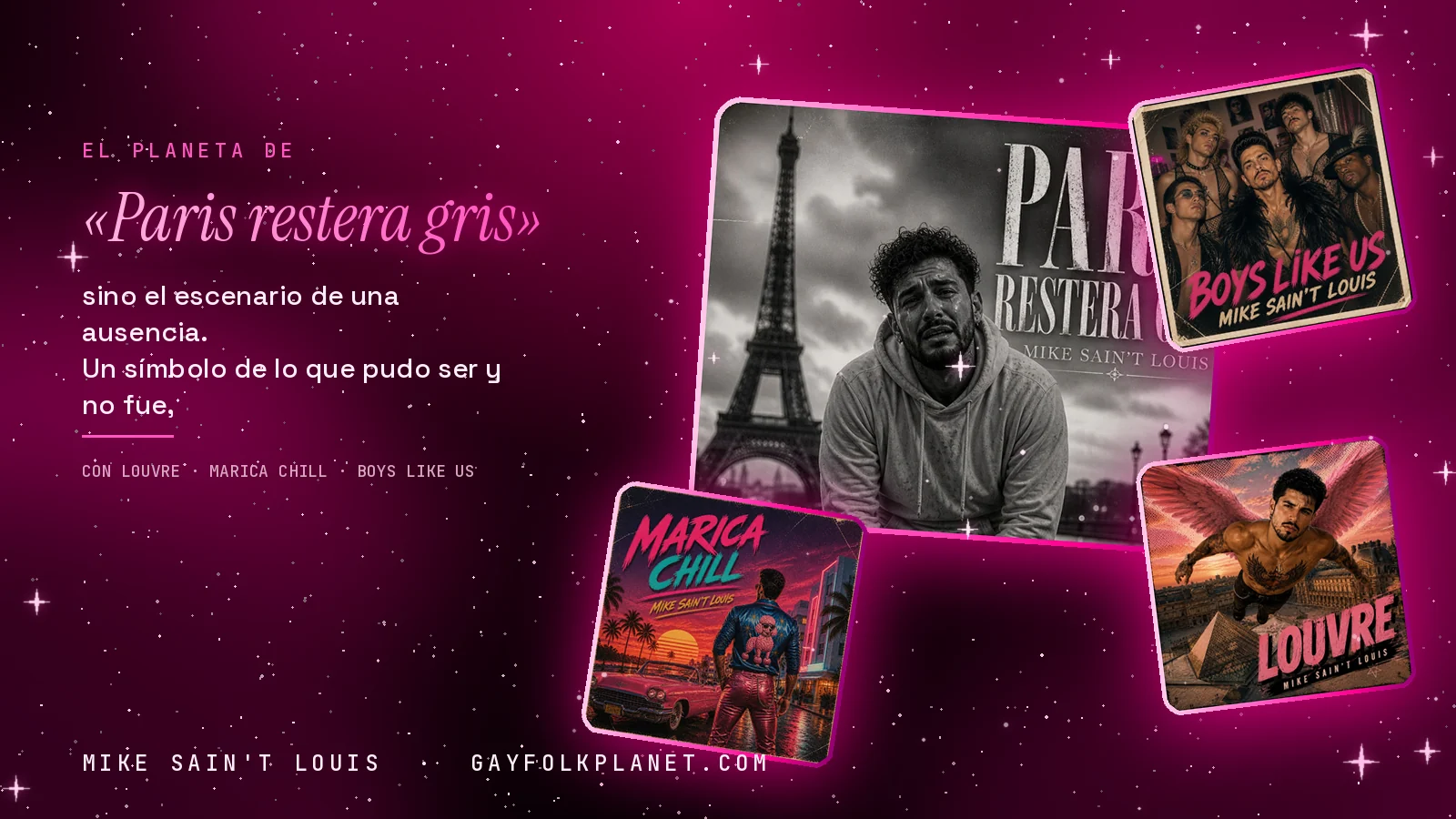 Collage con un detalle de la carátula de «Paris restera gris» y las carátulas de «Louvre», «Marica chill», «Boys like us»