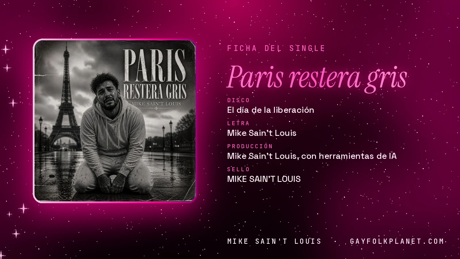 Ficha de la canción «Paris restera gris» con su carátula: disco «El día de la liberación», letra y producción de Mike Sain't Louis